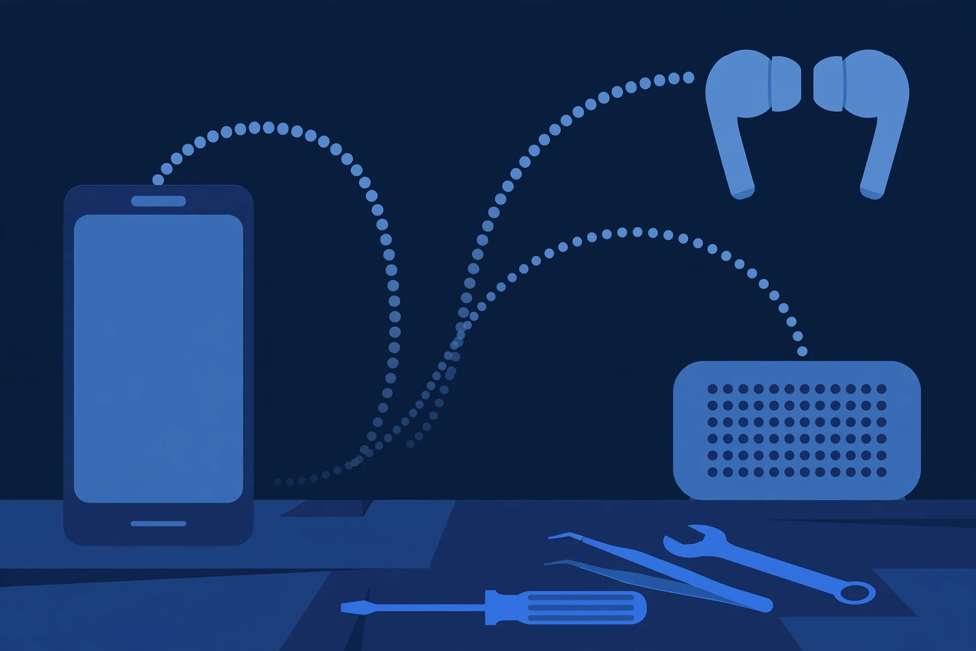 Original illustration of a smartphone with abstract dotted connection arcs reaching toward wireless earbuds and a speaker, one arc broken and faded, and blue repair tools on a workbench