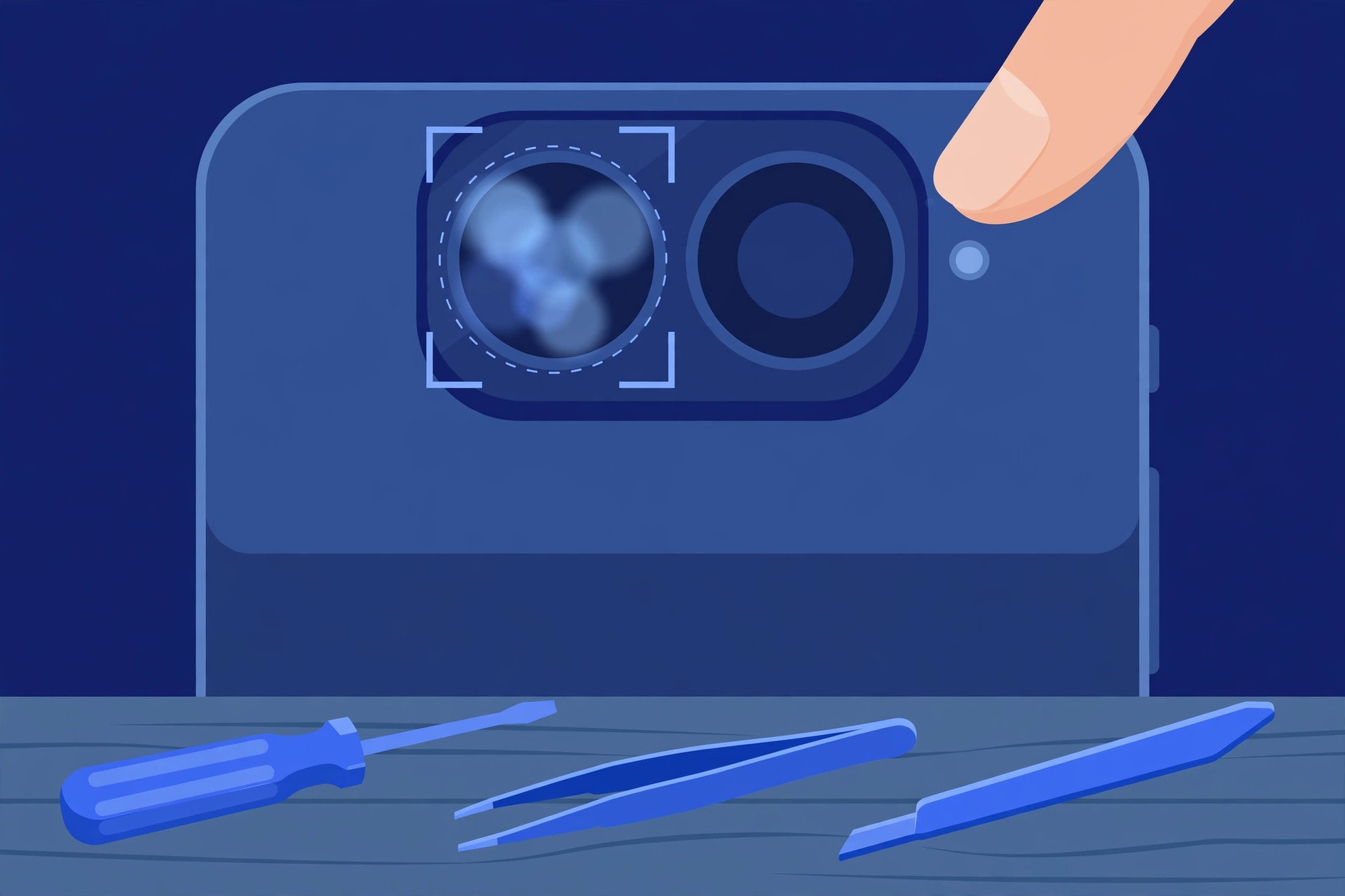 Original illustration of the back of a smartphone with a dual camera plateau, one lens ringed by soft focus brackets while the scene through it stays blurred, a fingertip tapping the screen area, and blue repair tools on a workbench
