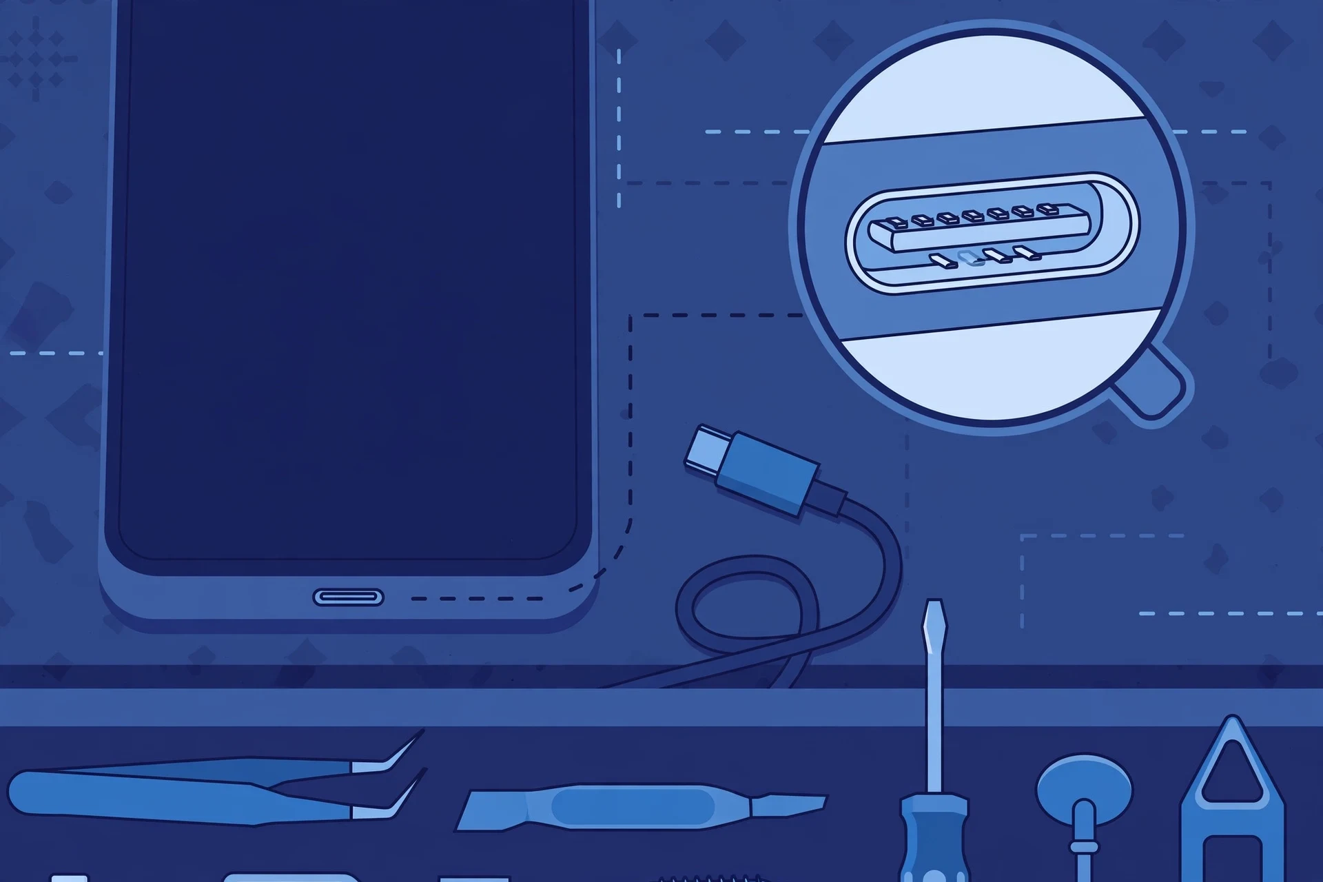 Original illustration of a smartphone with a USB-C cable unplugged beside it, a magnified view of the charging port, and blue repair tools on a workbench