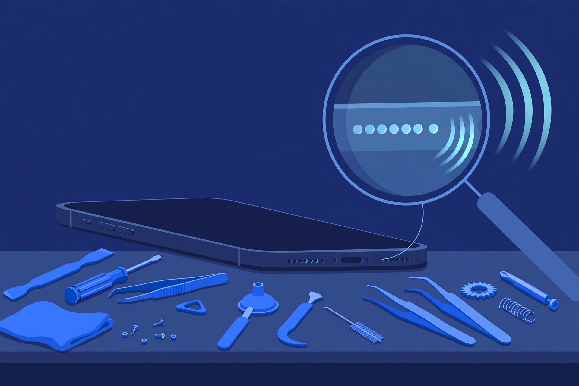 Original illustration of a smartphone with a magnified circular view of the small microphone holes along its bottom edge, gentle sound-wave arcs, and blue repair tools on a workbench