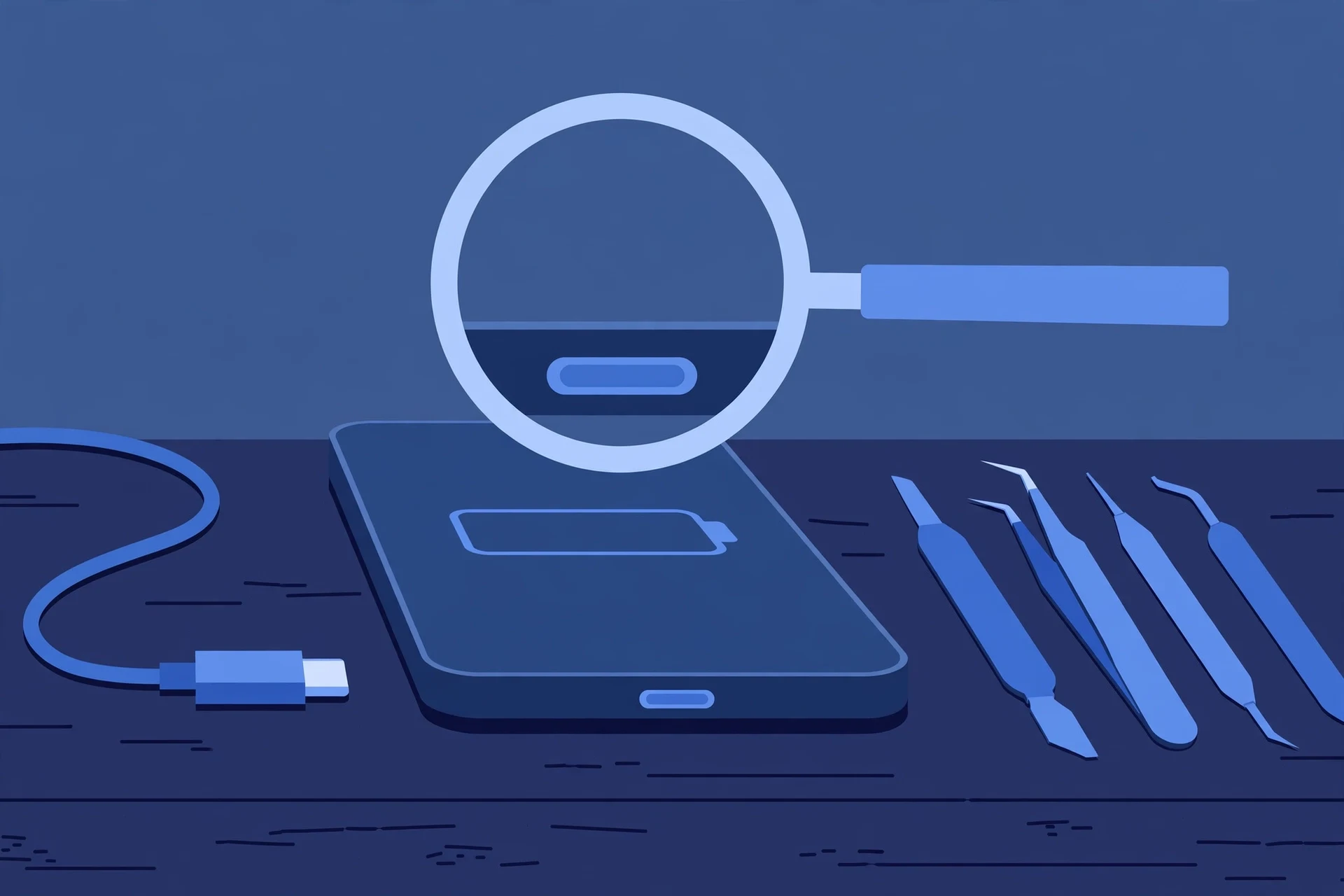 Original illustration of a smartphone with an empty battery outline on its screen, a USB-C cable unplugged beside it, a magnifier over the charging port, and blue repair tools on a workbench