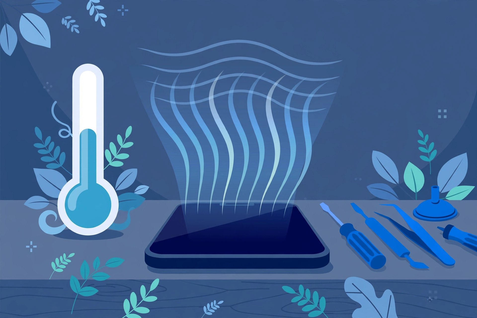 Original illustration of a smartphone with soft heat-wave lines rising from it, a blank thermometer shape with no markings beside it, leafy shade above and blue repair tools on a workbench