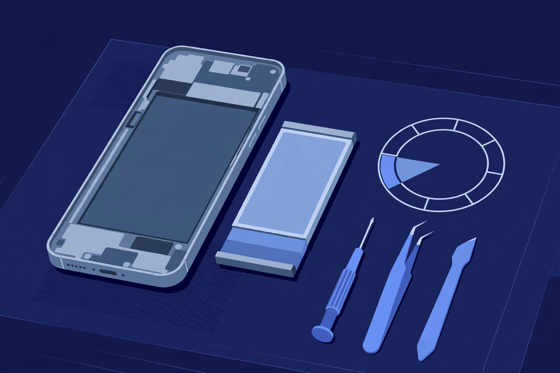 Original illustration of a large titanium smartphone opened on a workbench with its battery cell removed beside a circular battery-health gauge and blue repair tools