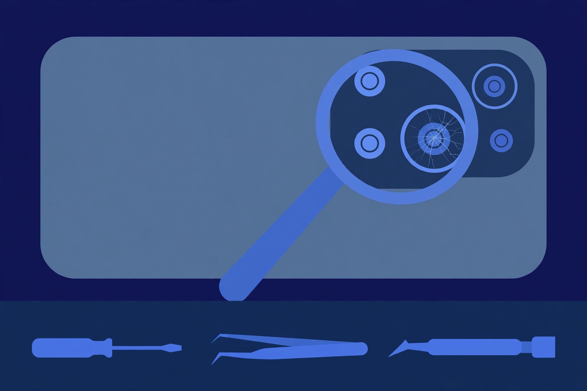 Original illustration of the back of a large titanium-toned smartphone with a triple-camera module, a magnifier over one lens showing a fine crack in the lens glass, and blue repair tools on a workbench