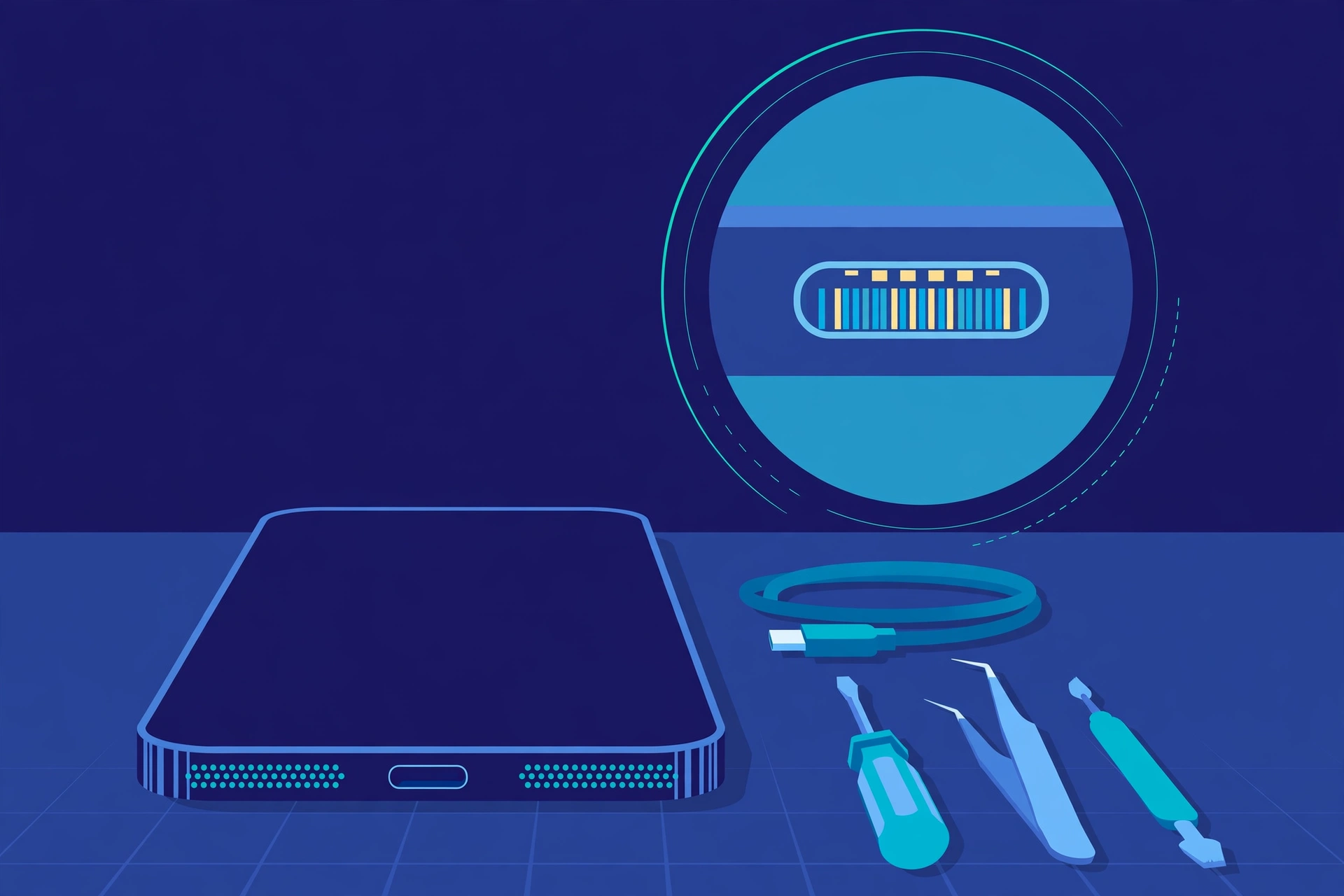 Original illustration of a smartphone's bottom edge with its USB-C port, an unplugged USB-C cable beside it, a magnified view inside the charging port, and blue repair tools on a workbench