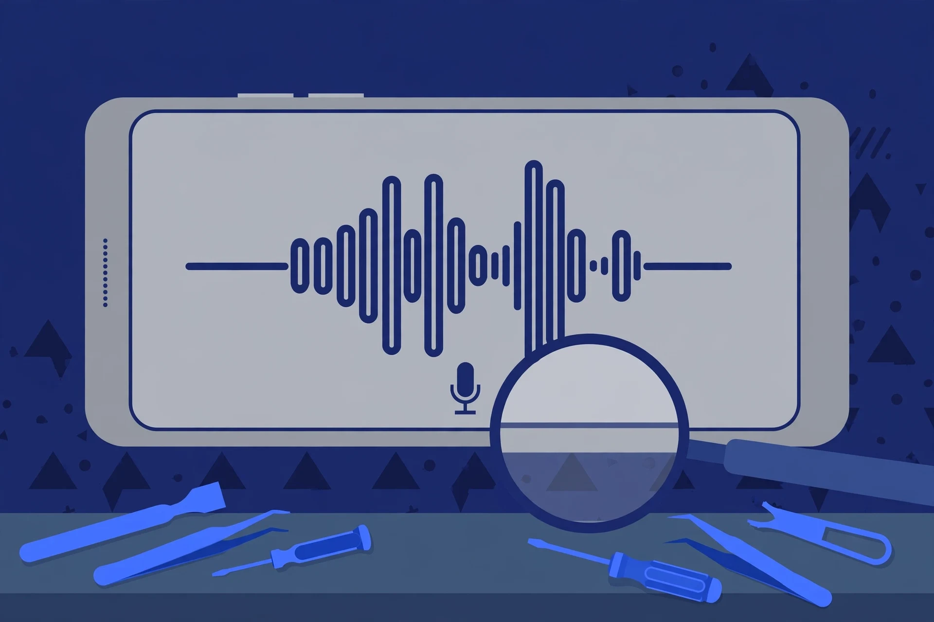 Original illustration of a large titanium-toned smartphone with a voice waveform and a small microphone symbol, a magnifier over the phone's bottom edge, and blue repair tools on a workbench