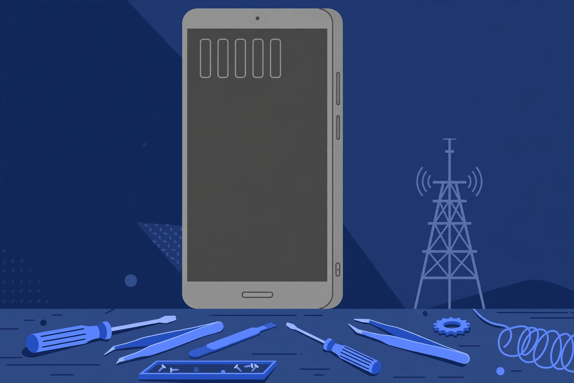 Original illustration of a large titanium-toned smartphone with empty signal-bar shapes greyed out, a distant cell tower, and blue repair tools on a workbench