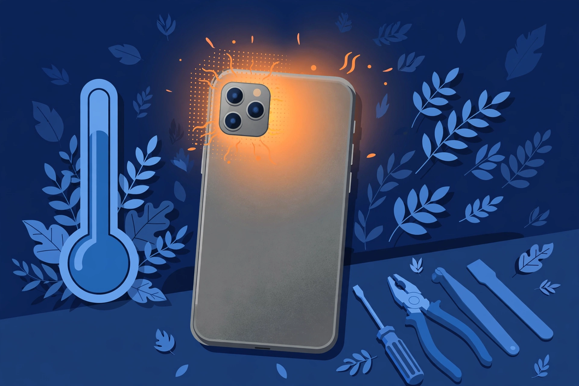 Original illustration of a titanium smartphone with a warm orange heat glow on its back, beside a thermometer motif, cooling leaves and blue repair tools on a workbench