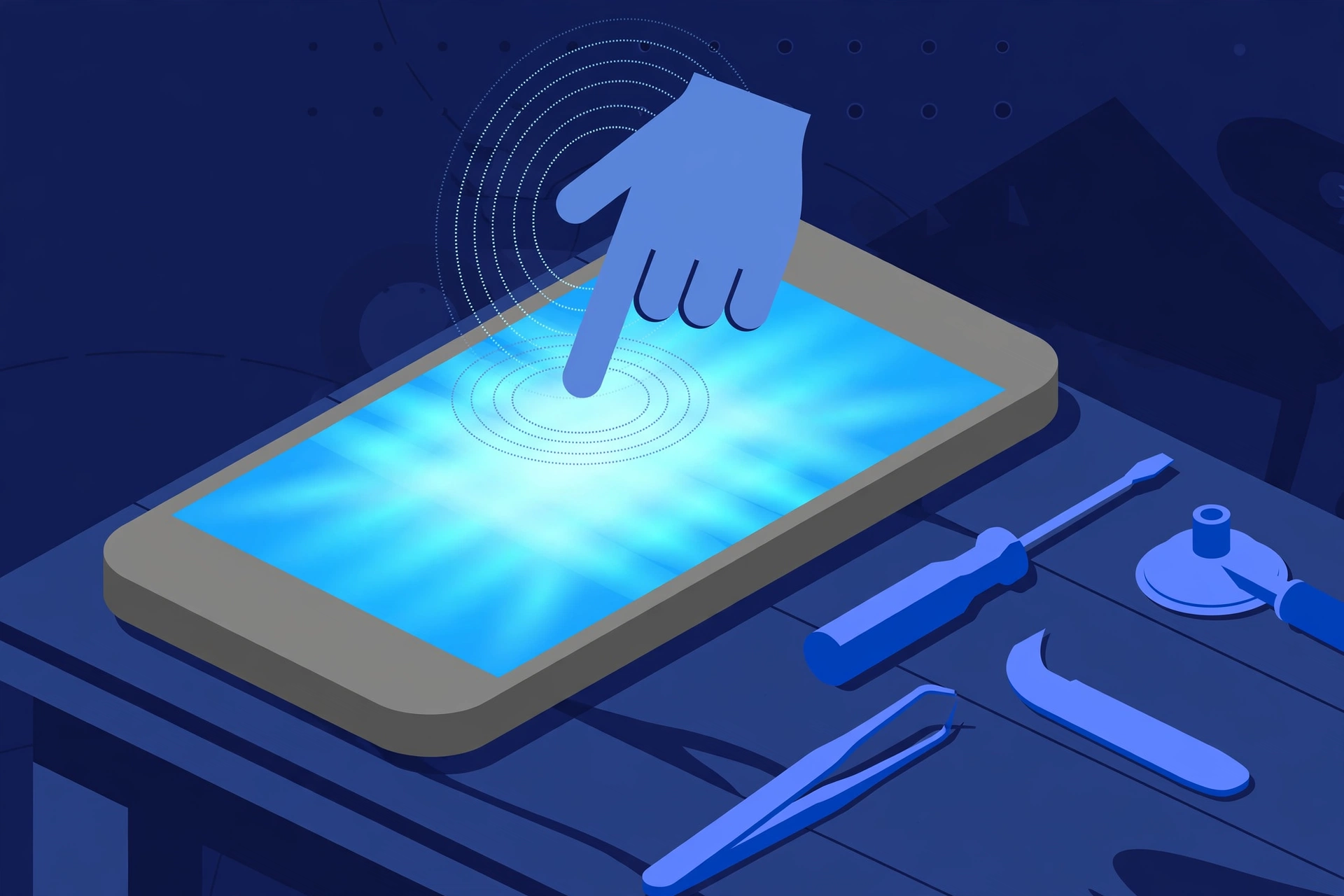 Original illustration of a large titanium-toned smartphone with a bright display, a hand icon hovering over the screen with a no-response ripple, and blue repair tools on a workbench
