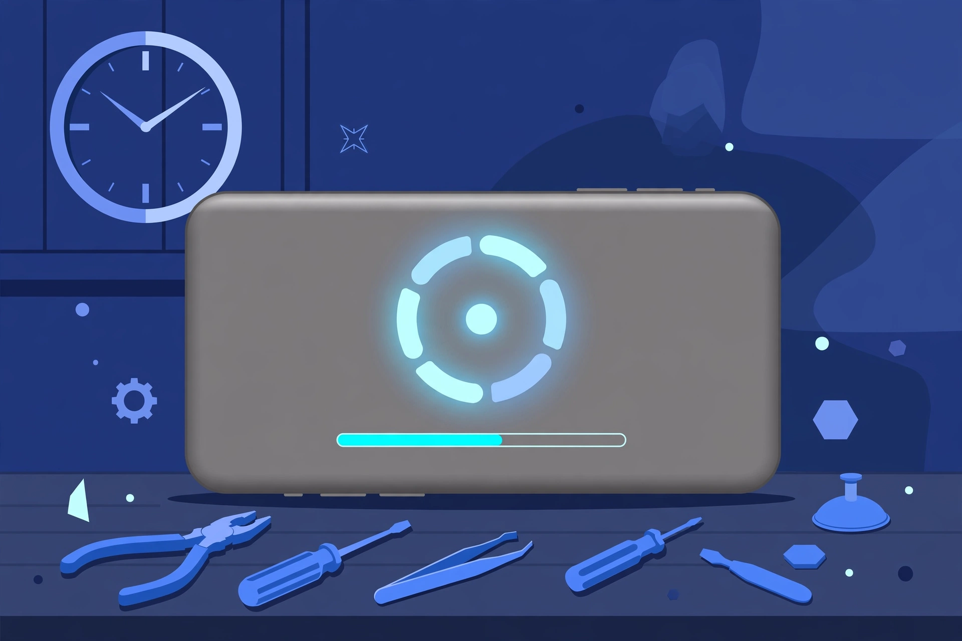 Original illustration of a titanium-toned smartphone showing a glowing circular emblem above a thin progress bar, with a wall clock and blue repair tools on a workbench