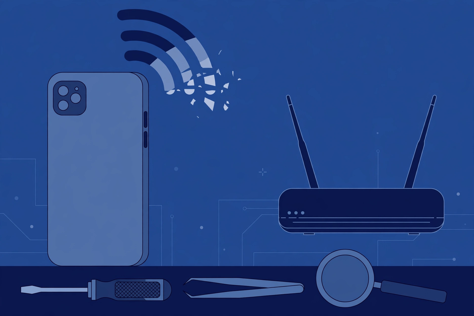 Original illustration of a large titanium-toned smartphone with curved wireless-signal arcs breaking apart above it, a simple home router with two antennas nearby, and blue repair tools on a workbench