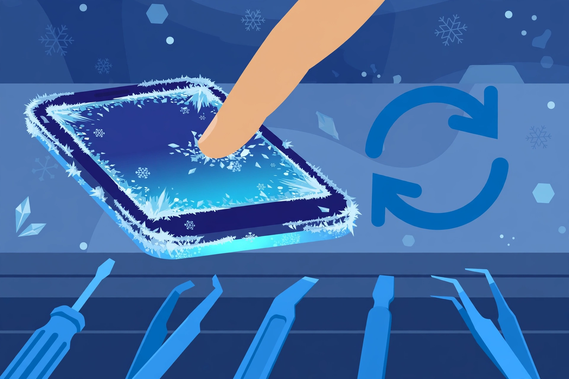Original illustration of a smartphone with a frost-covered frozen glowing touchscreen, a fingertip tapping it with no effect, circular restart arrows, and blue repair tools on a workbench