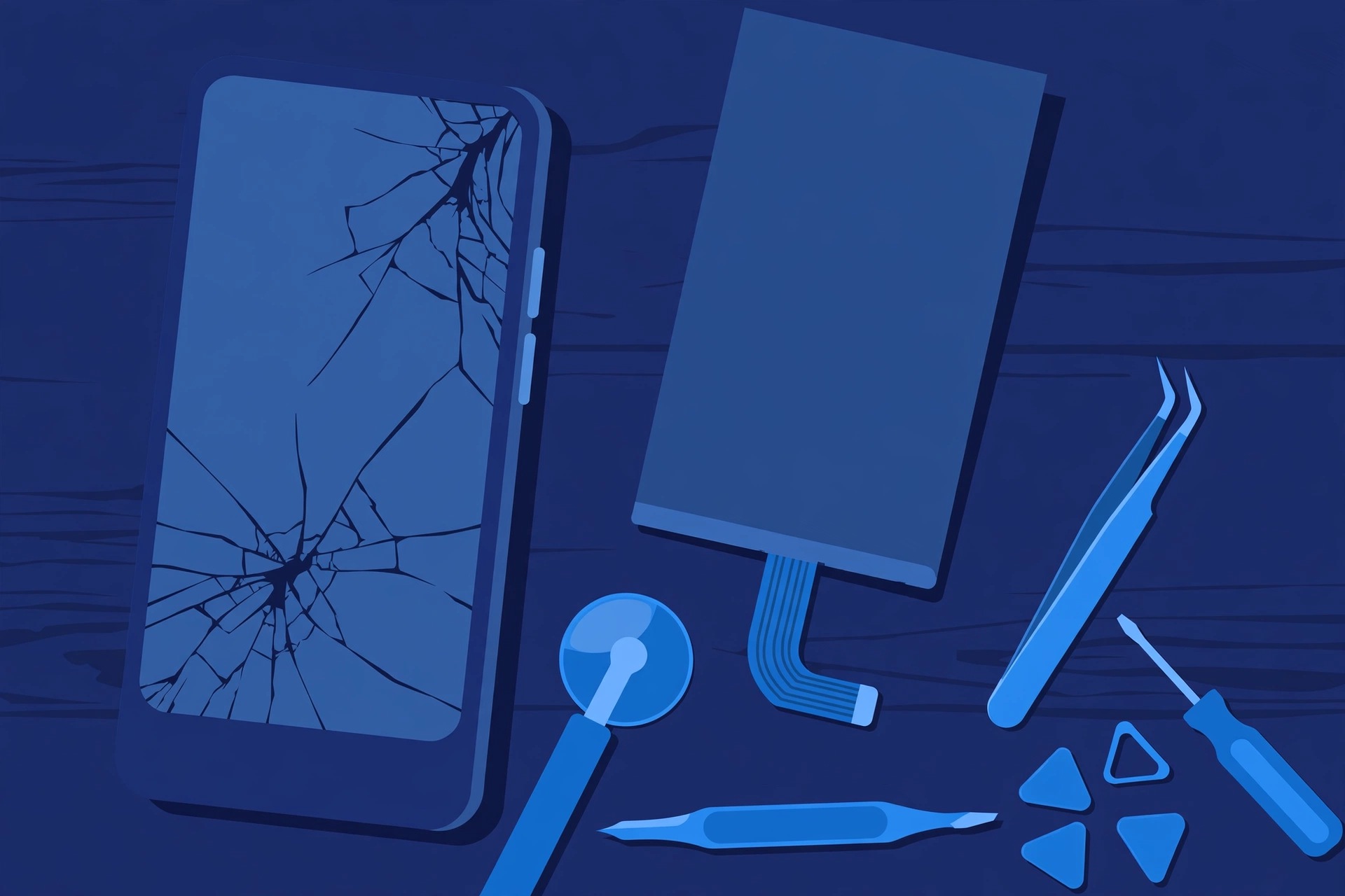 Original illustration of a smartphone with a cracked display, a replacement display panel beside it, and blue repair tools on a workbench