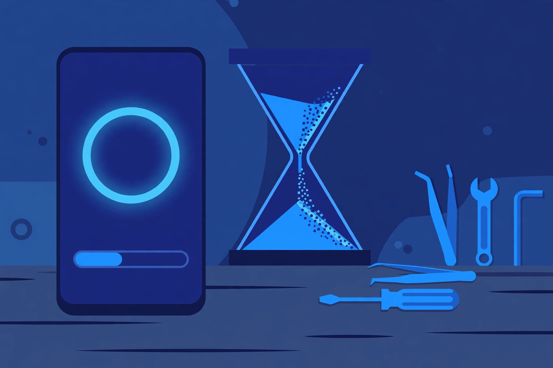 Original illustration of a smartphone showing a plain glowing ring and a horizontal progress bar on its screen, beside an hourglass, with blue repair tools on a workbench