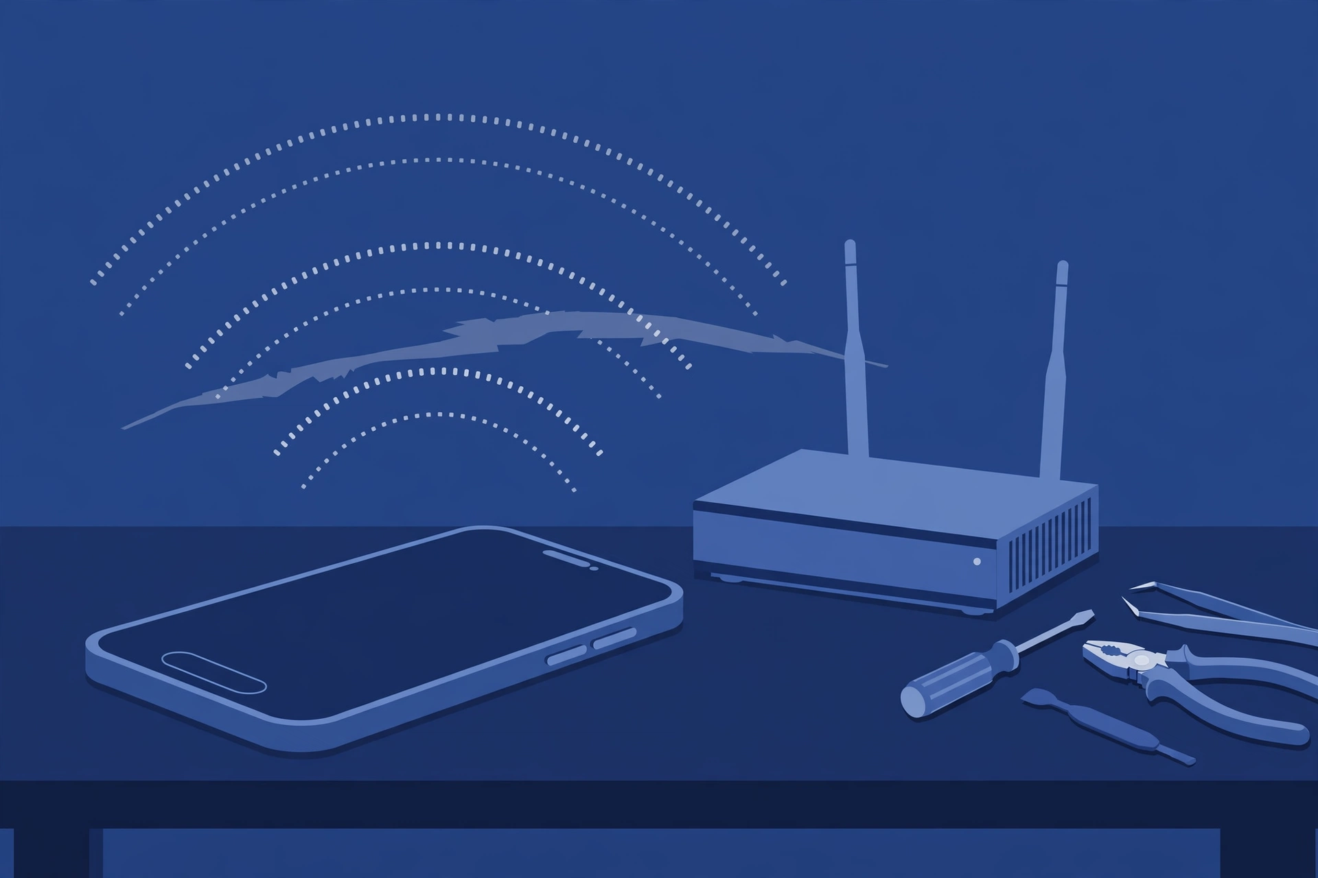 Original illustration of a smartphone with dotted Wi-Fi arcs faded and broken above it, a home router beside it, and blue repair tools on a workbench