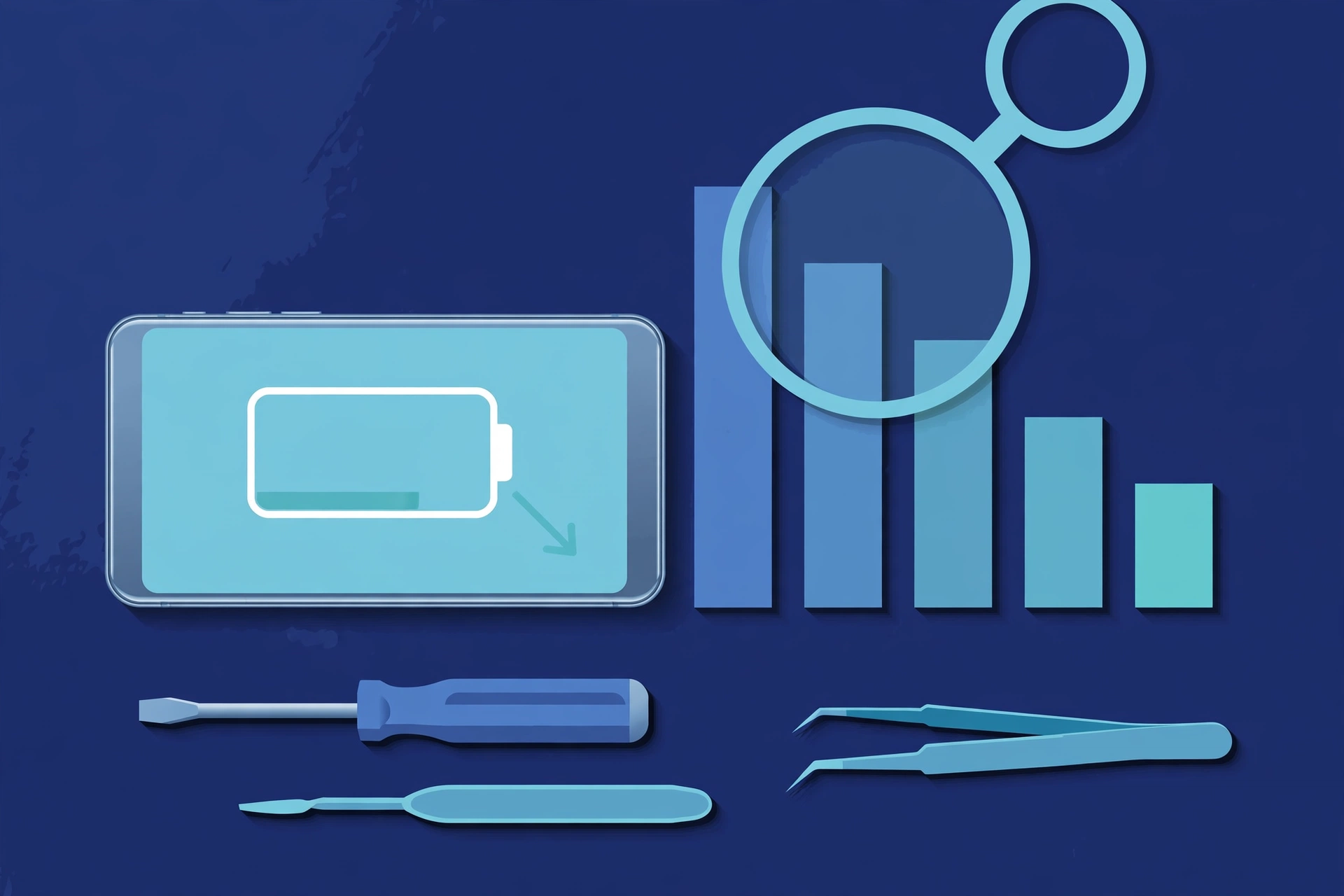 Original illustration of an aluminum smartphone with a nearly empty battery gauge and a downward trend arrow, a magnifier over a declining battery usage chart, and blue repair tools on a workbench