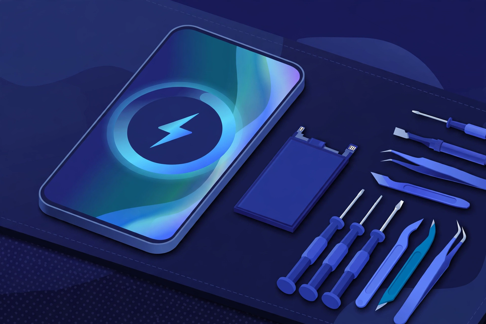 Original illustration of a smartphone showing a circular battery health gauge beside a replacement battery cell and blue repair tools on a workbench