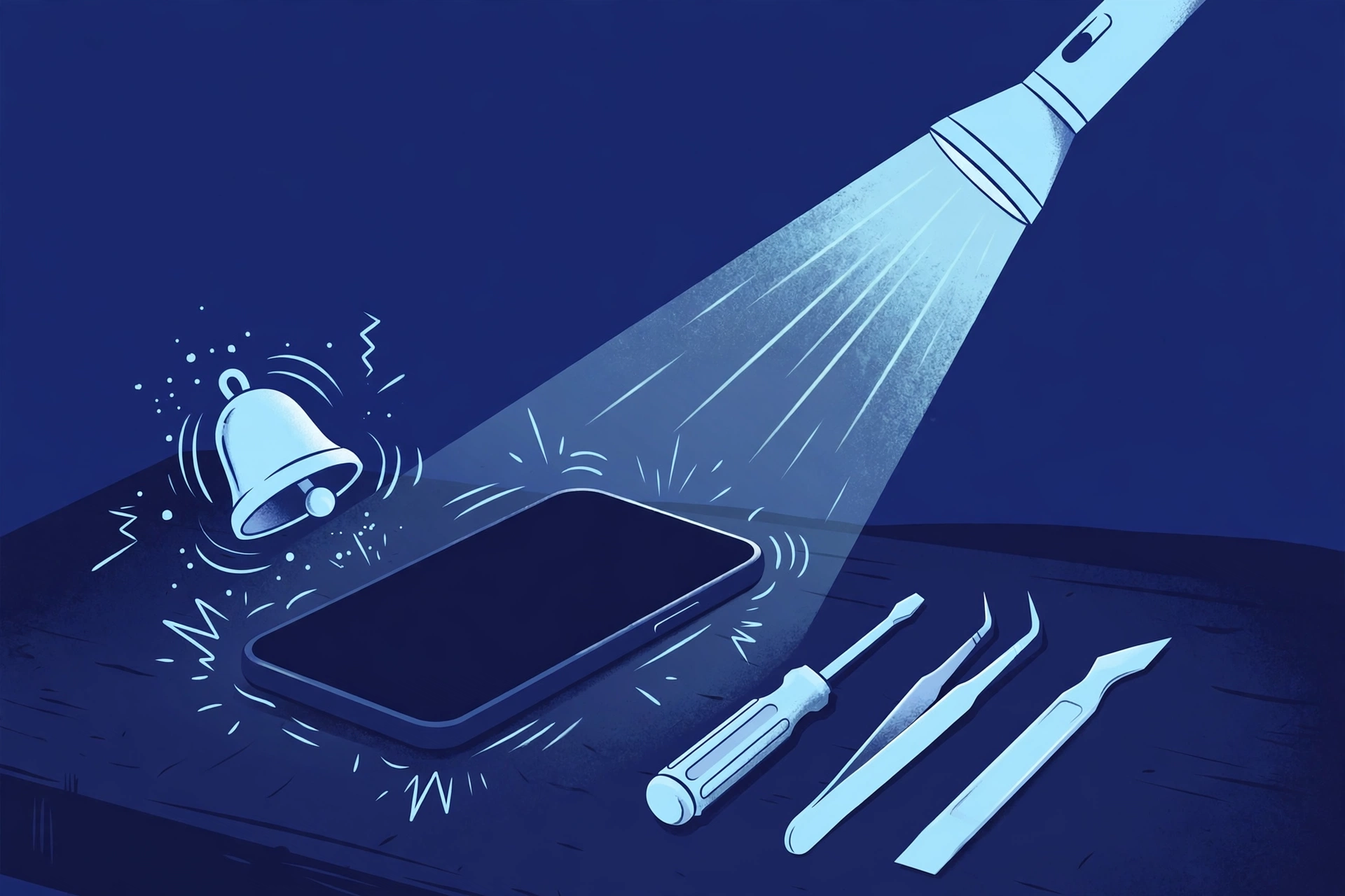 Original illustration of a smartphone with a completely black screen beside a ringing bell and vibration marks, with a flashlight and blue repair tools on a workbench