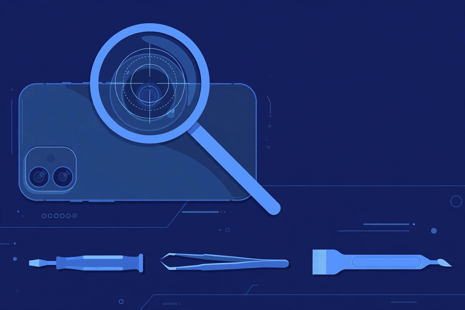 Original illustration of the back of a smartphone with a two-lens camera module, a magnifier over one lens showing a focus reticle, and blue repair tools on a workbench