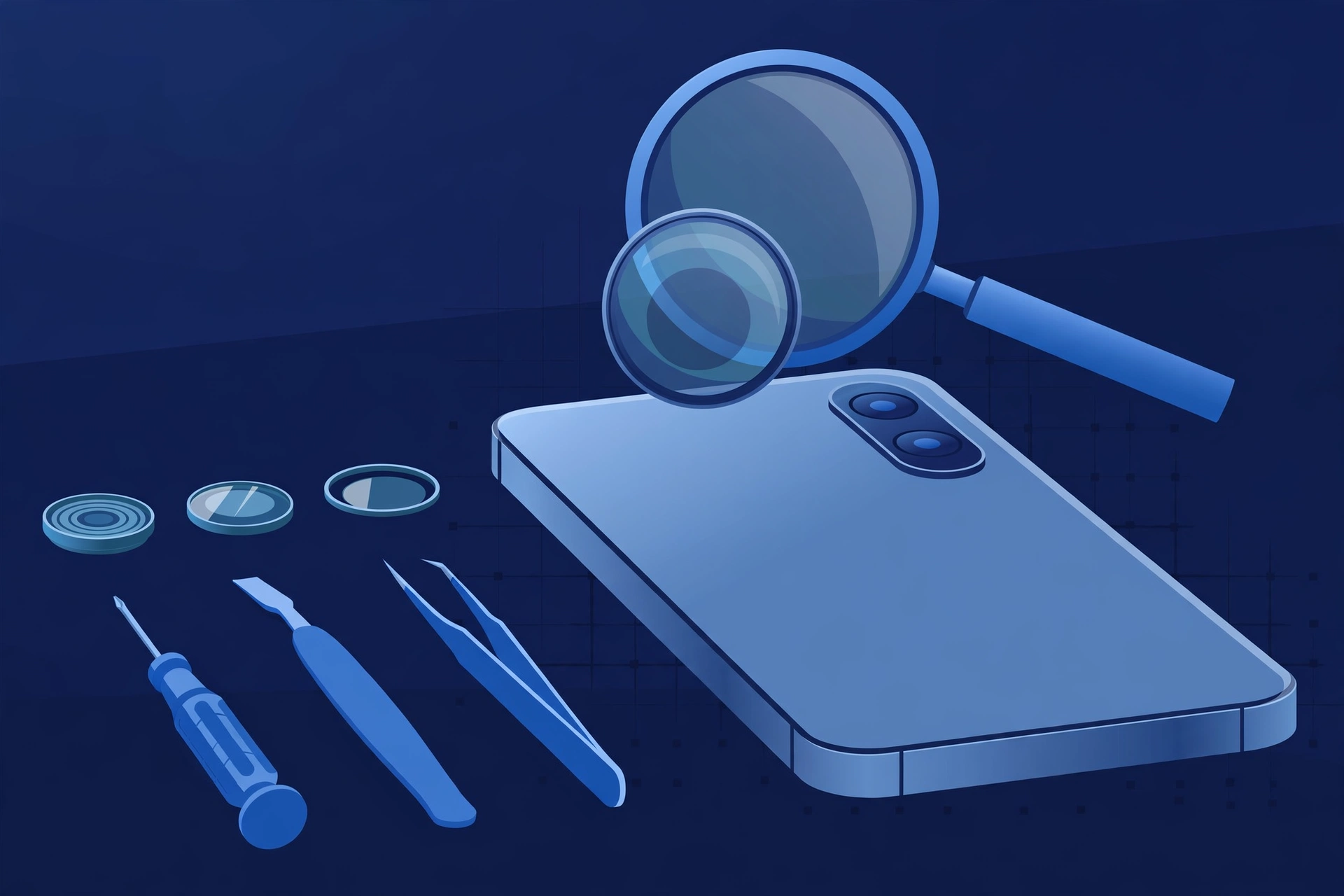 Original illustration of the back of a smartphone with a two-lens camera module under a magnifying glass, loose camera lens elements beside it, and blue repair tools on a workbench