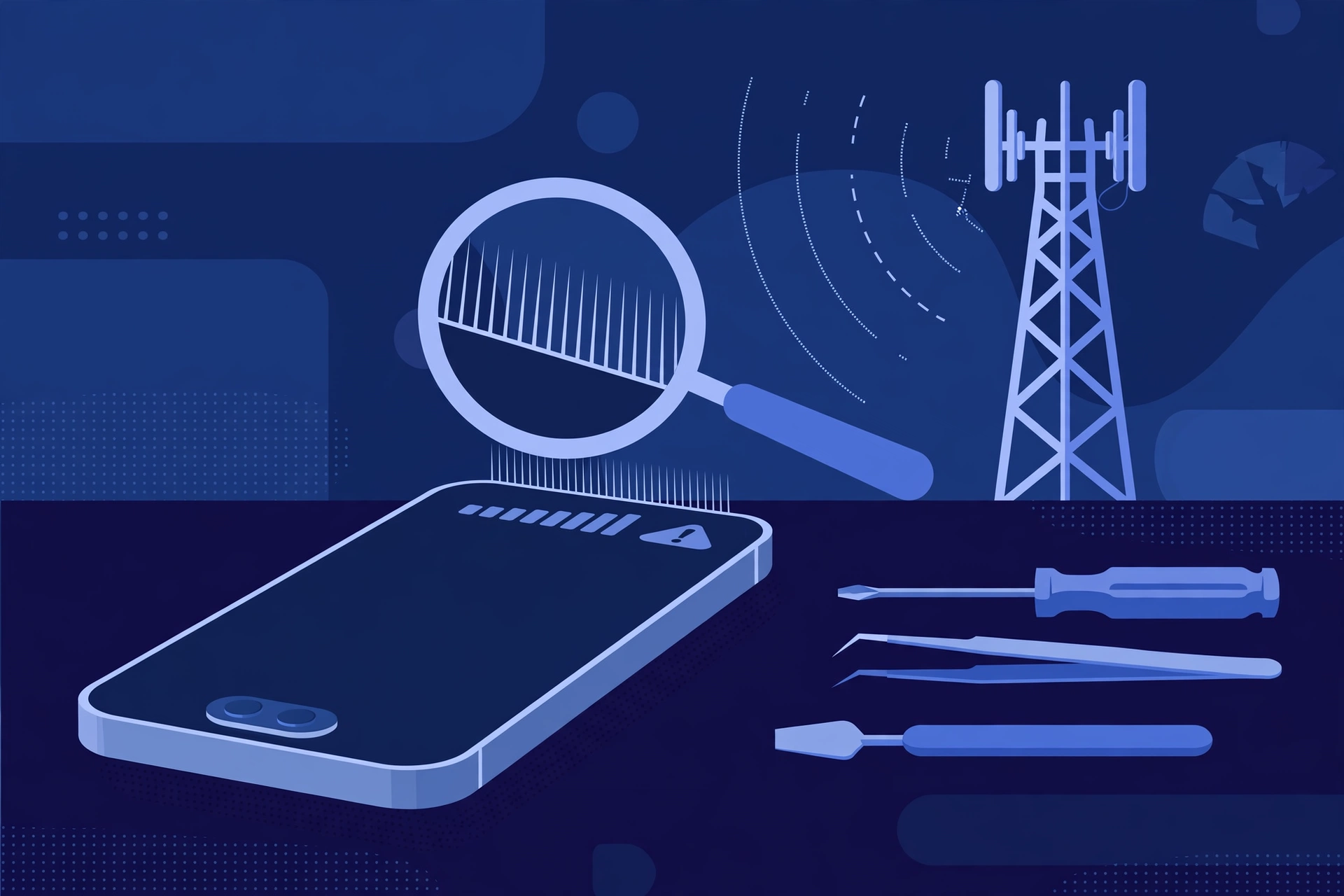 Original illustration of a smartphone showing empty signal bars with a small warning symbol, a magnifier over the phone's antenna lines, a cell tower with fading signal, and blue repair tools on a workbench