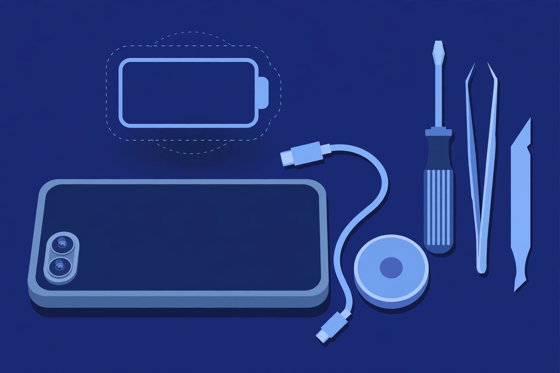 Original illustration of a smartphone with a dual-camera module and a USB-C cable unplugged beside it, an empty battery outline, a wireless charging puck and blue repair tools on a workbench