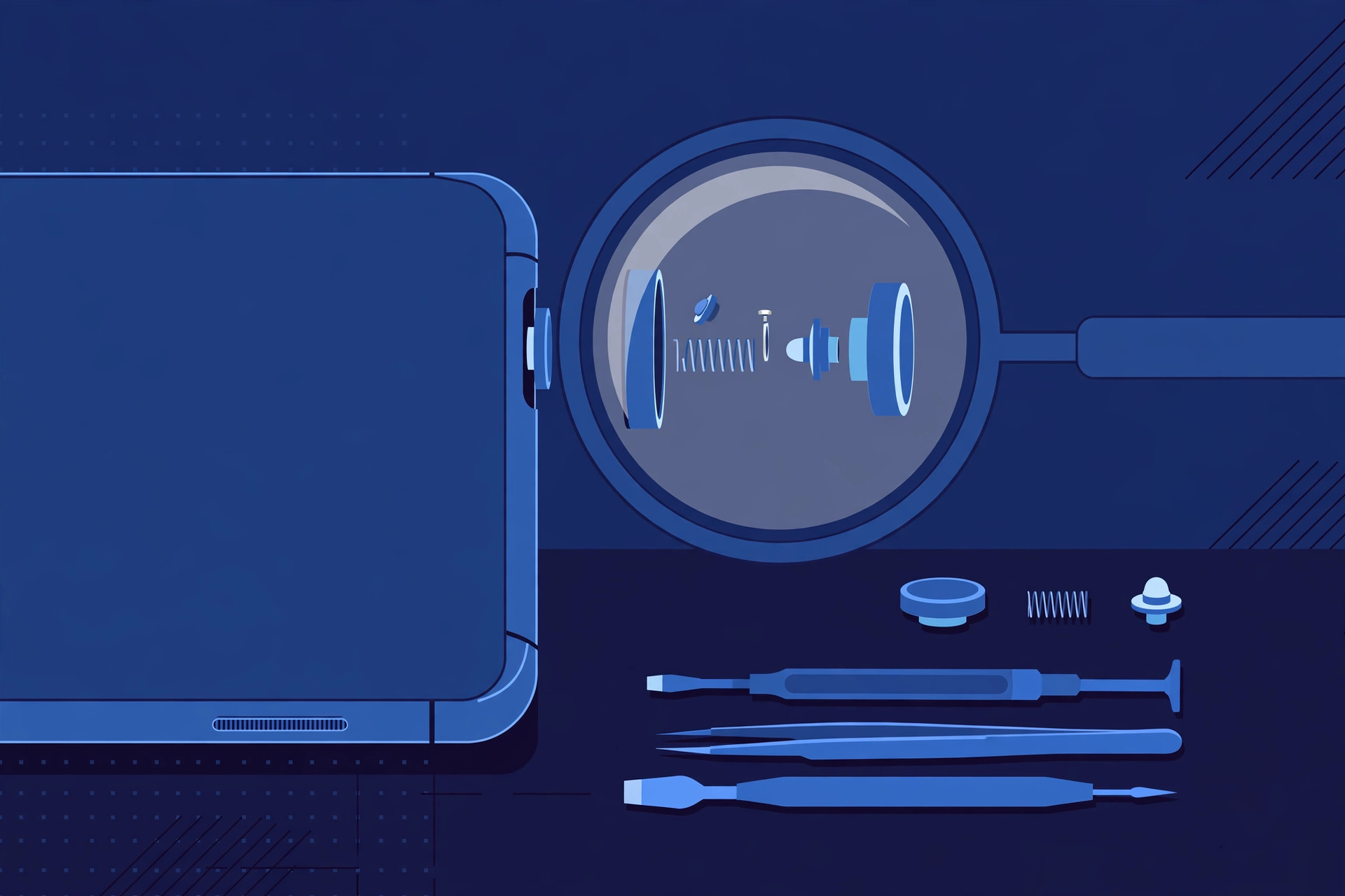 Original illustration of the side edge of an aluminum smartphone with its side button highlighted by a magnifier, small button components beside it, and blue repair tools on a workbench