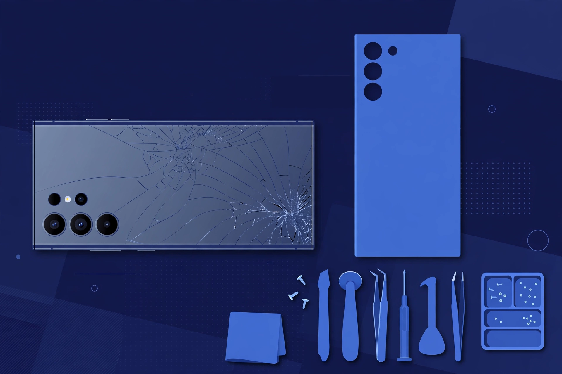 Original illustration of the back of a titanium smartphone with a cracked matte glass rear panel beside a smooth replacement back panel and blue repair tools on a workbench