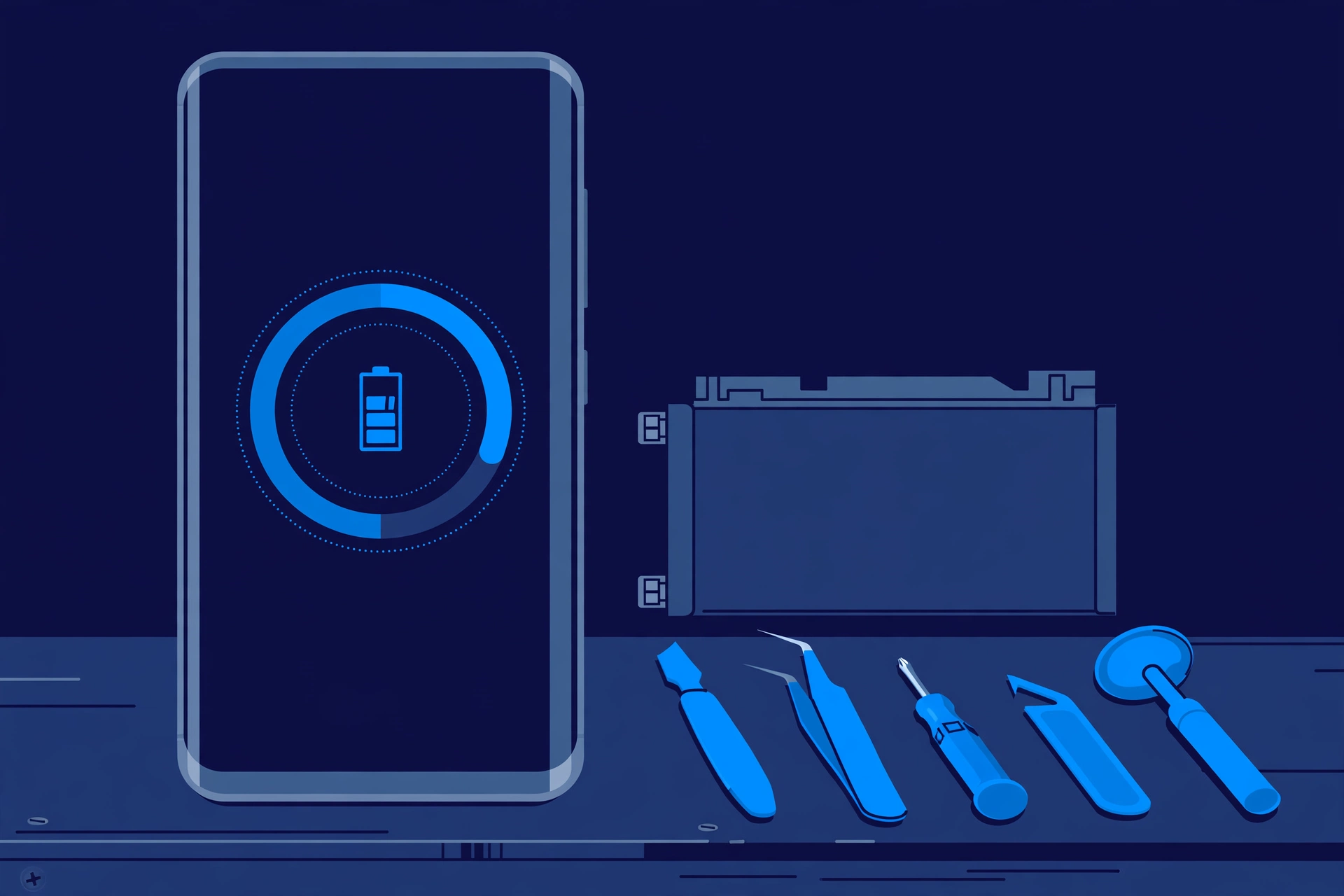 Original illustration of a smartphone showing a circular battery health gauge beside a replacement battery cell and blue repair tools on a workbench