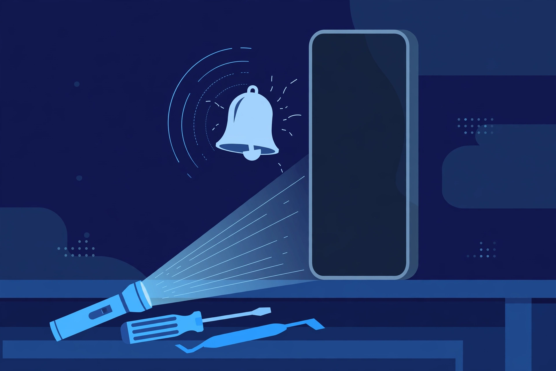 Original illustration of a smartphone with a completely black screen beside a ringing bell and vibration marks, with a flashlight and blue repair tools on a workbench