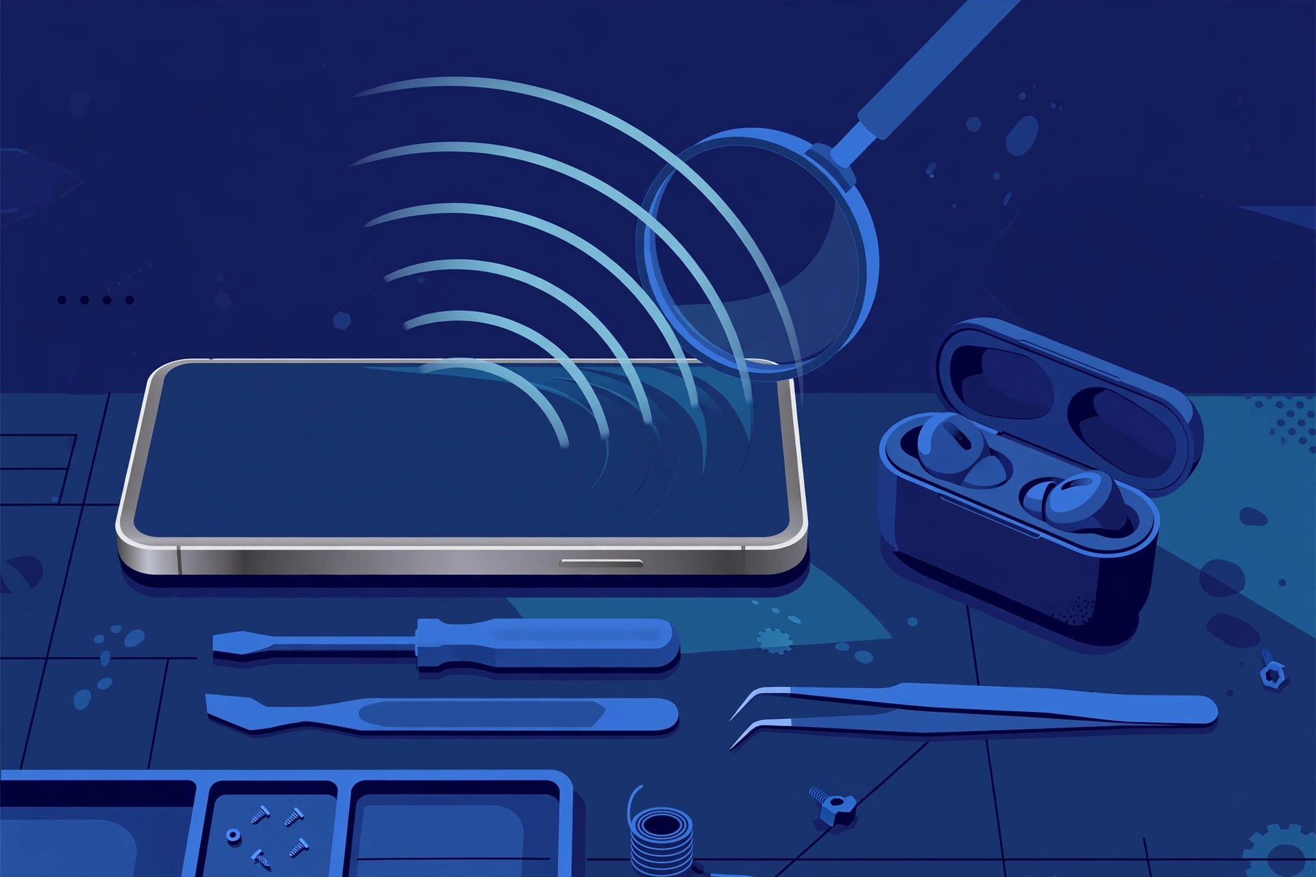 Original illustration of a titanium smartphone with curved wireless signal waves rising from its screen, wireless earbuds in an open case beside it, a magnifier over the phone, and blue repair tools on a workbench