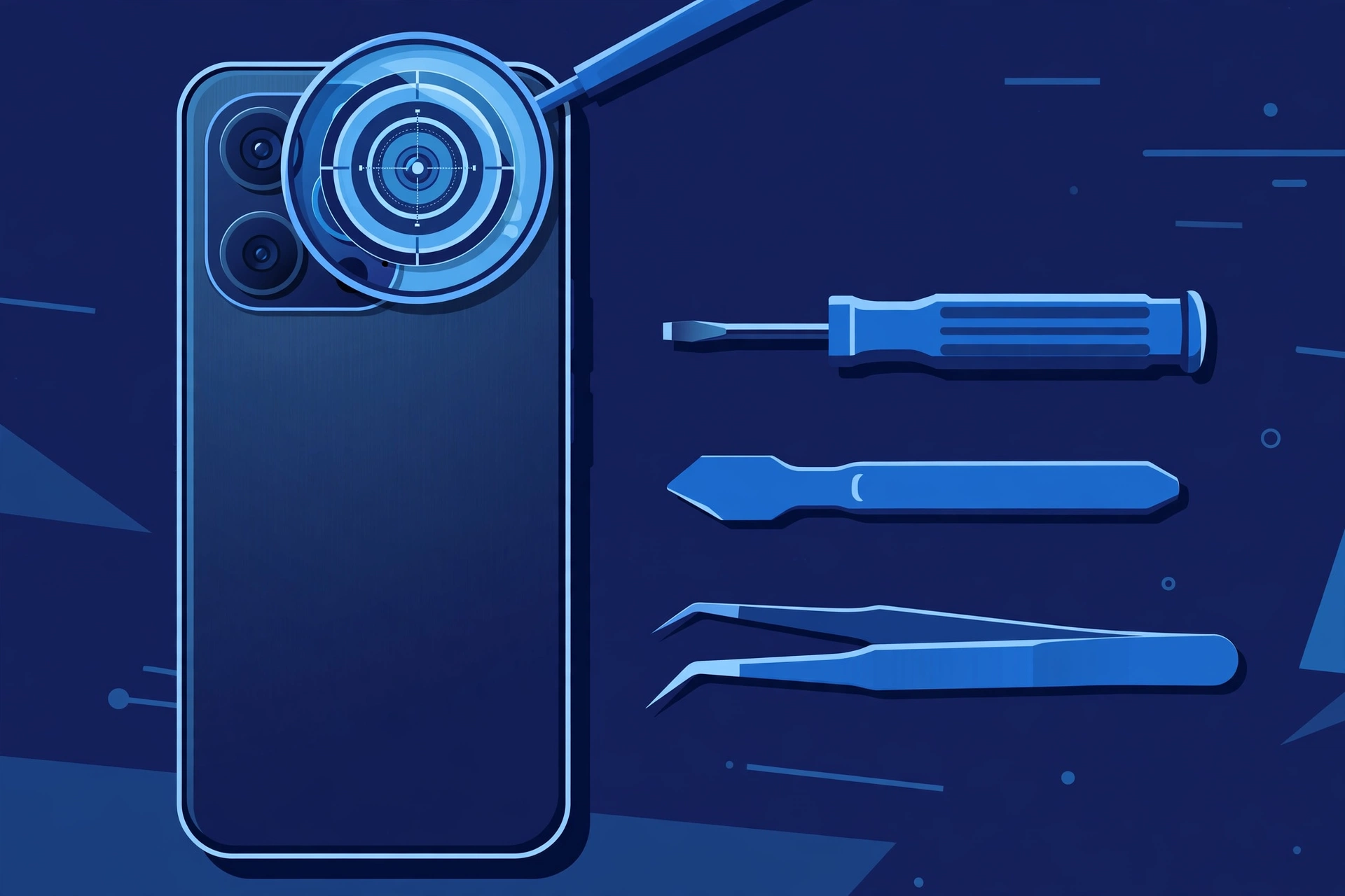 Original illustration of the back of a titanium smartphone with a triple camera module, a magnifier over one lens showing a focus reticle, and blue repair tools on a workbench