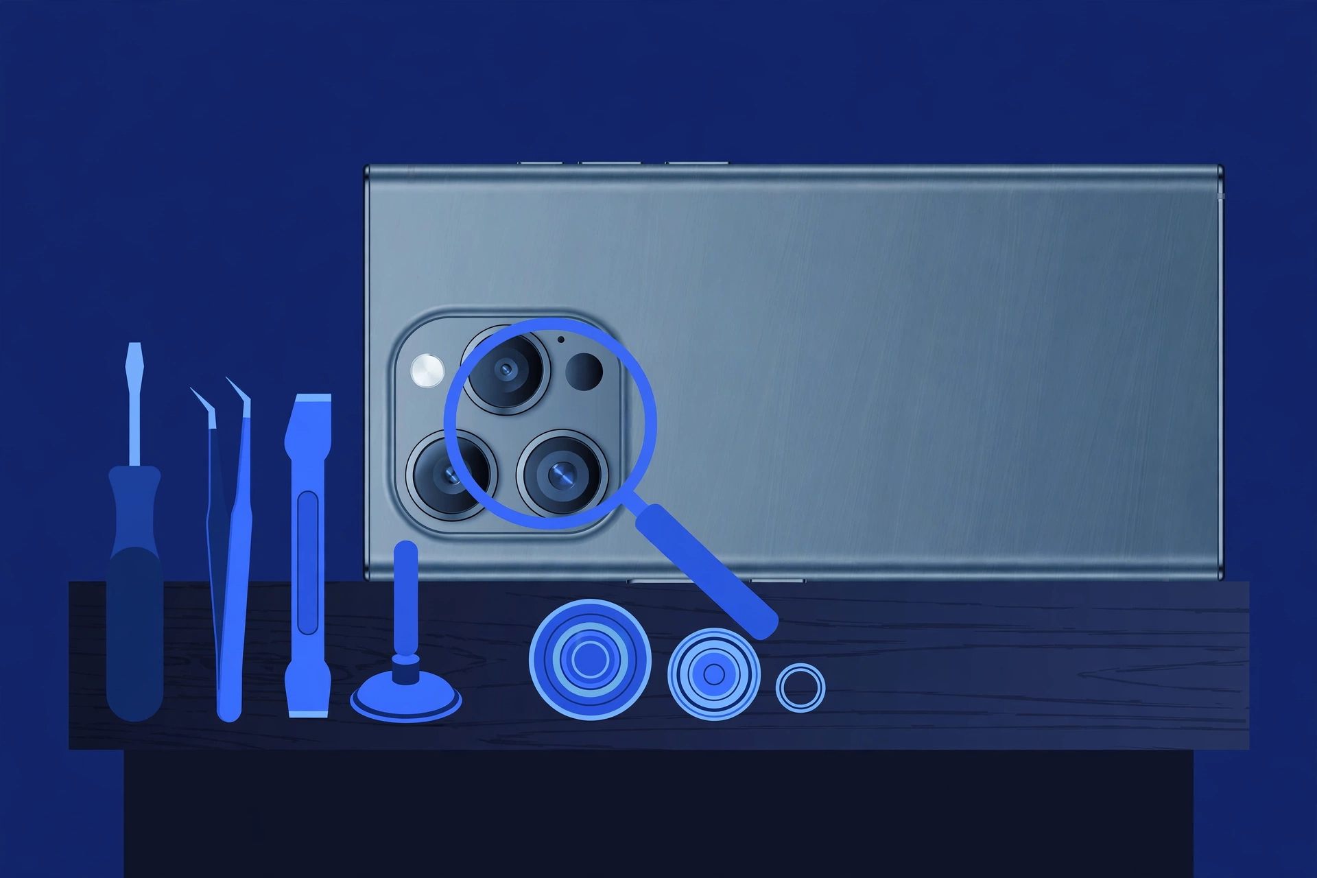 Original illustration of the back of a titanium smartphone with a three-lens camera module, a magnifier over one lens, camera lens elements beside it, and blue repair tools on a workbench