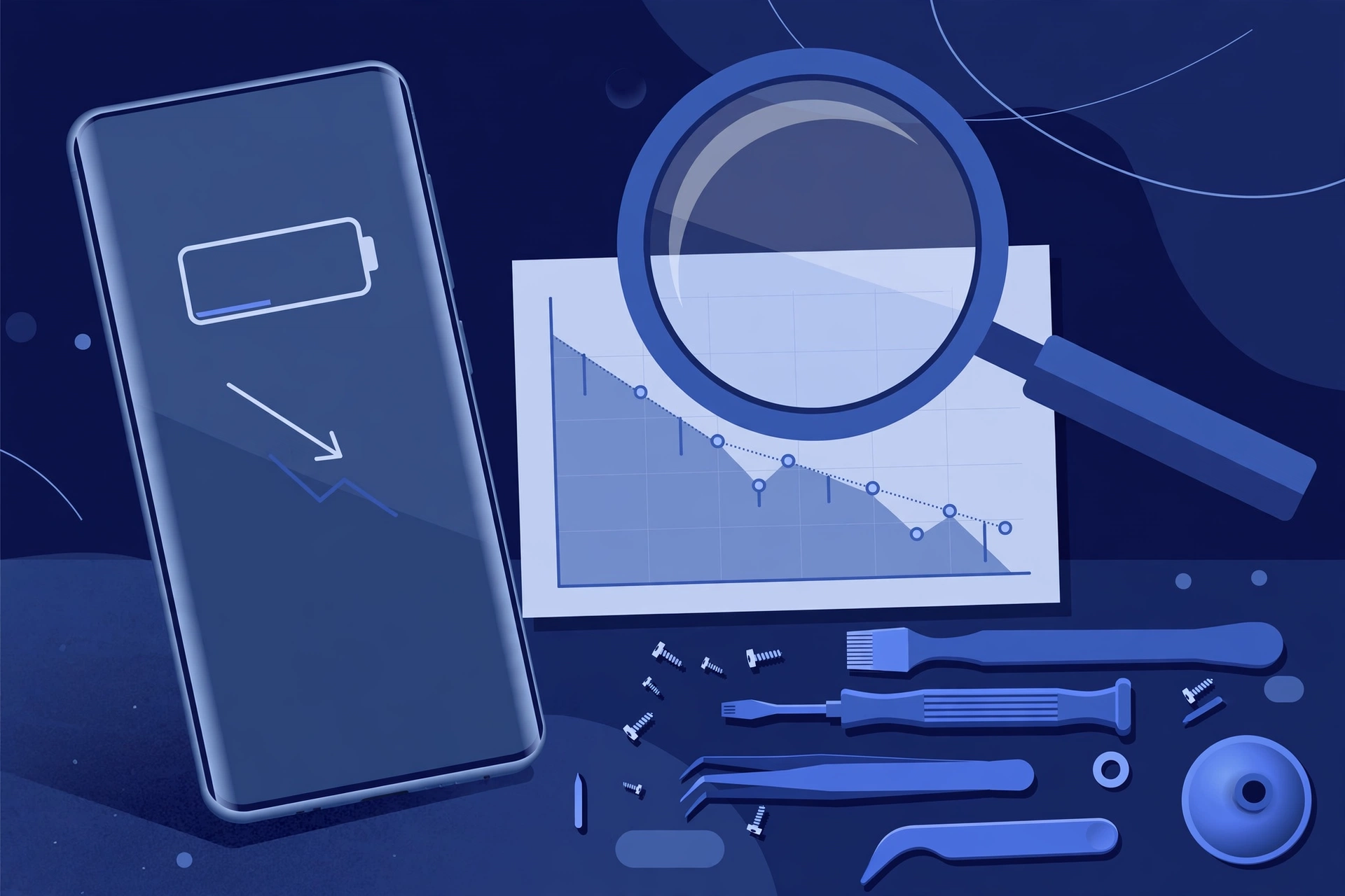 Original illustration of a large titanium smartphone with a nearly empty battery gauge and a downward trend arrow, a magnifier over a battery usage chart, and blue repair tools on a workbench