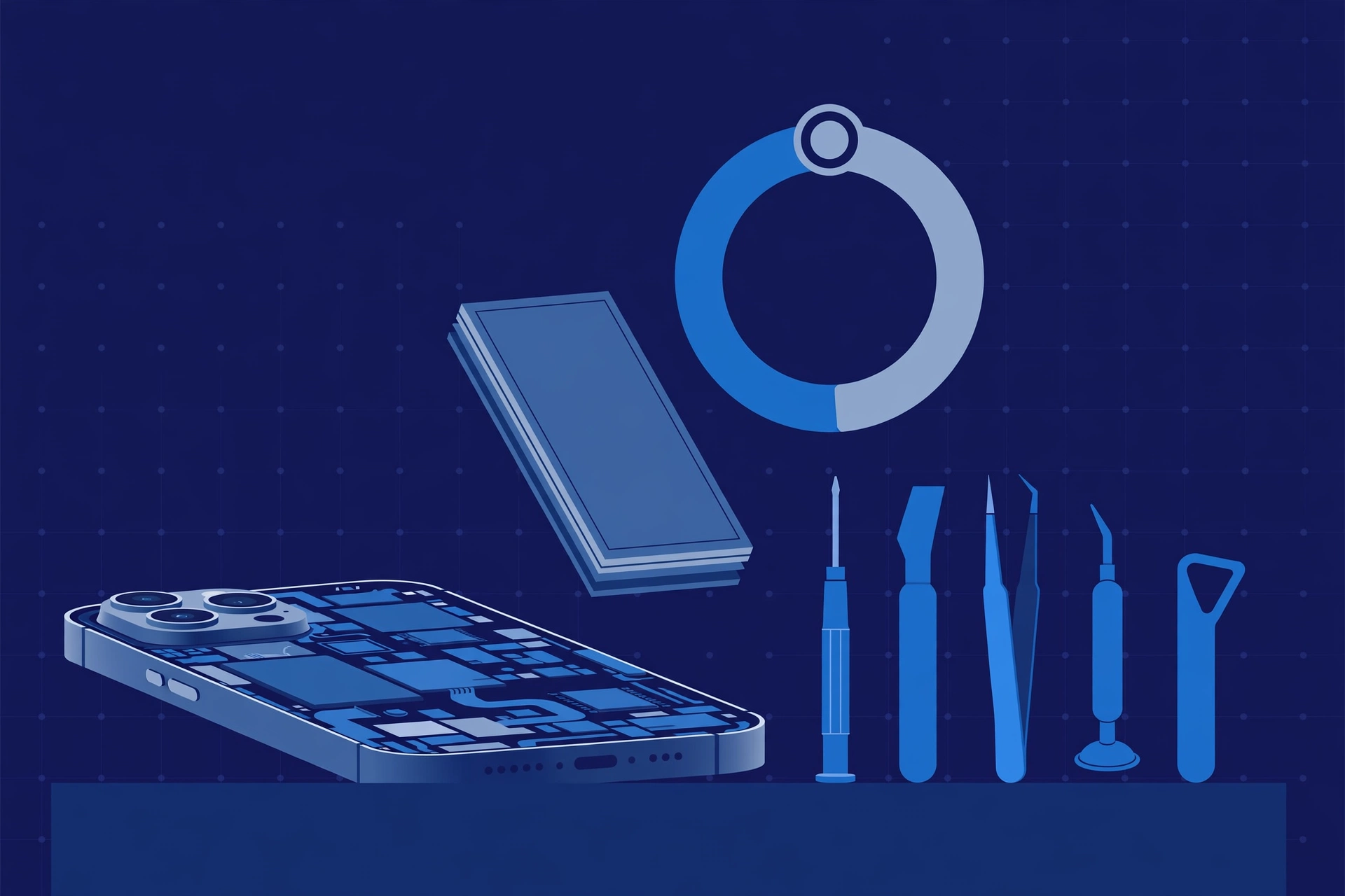 Original illustration of a large smartphone opened to show its battery cell beside a circular battery-health gauge and blue repair tools on a workbench