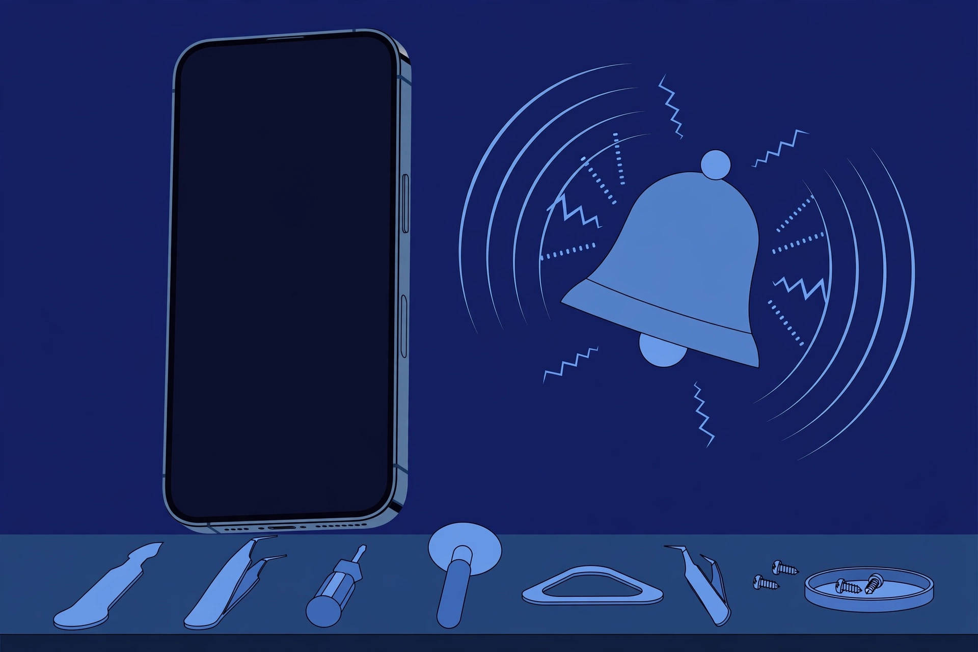 Original illustration of a large smartphone with a completely black screen beside a ringing bell and vibration marks, with blue repair tools on a workbench