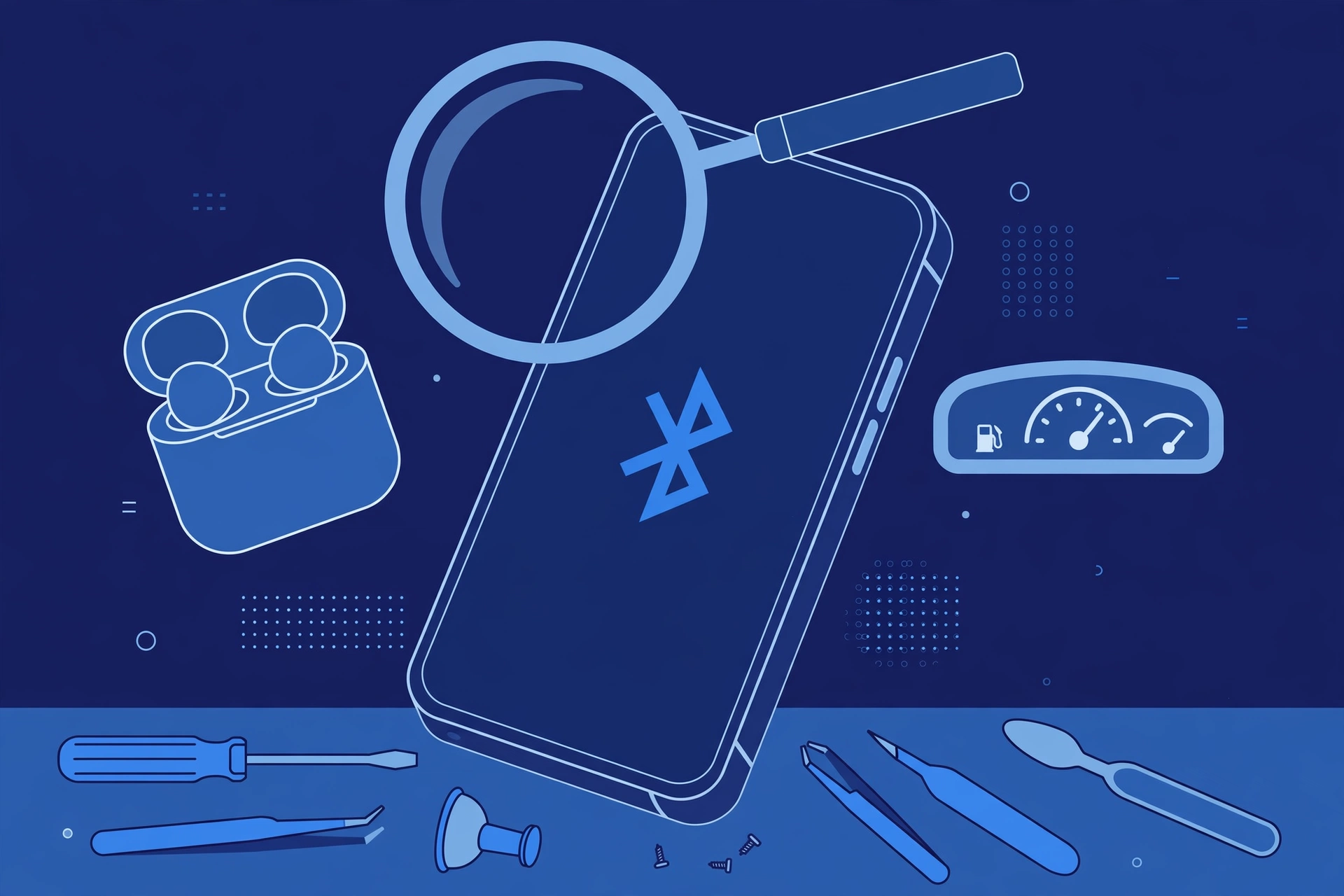 Original illustration of a large titanium smartphone with a Bluetooth symbol on its screen, wireless earbuds in their case and a car dashboard icon nearby, a magnifier over the phone, and blue repair tools on a workbench