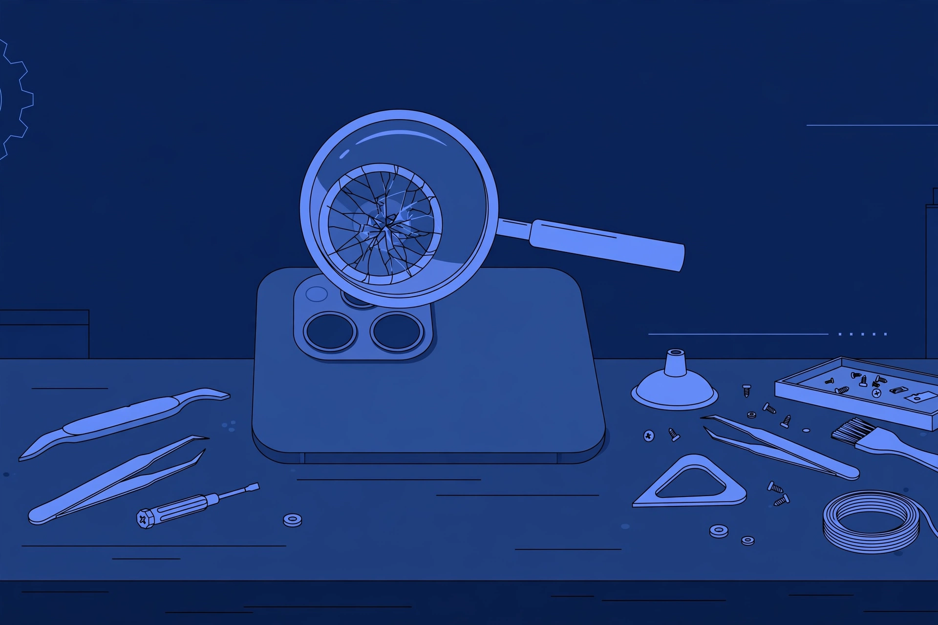 Original illustration of the back of a large titanium smartphone with three camera lenses, one cracked and shown under a magnifier, with blue repair tools on a workbench