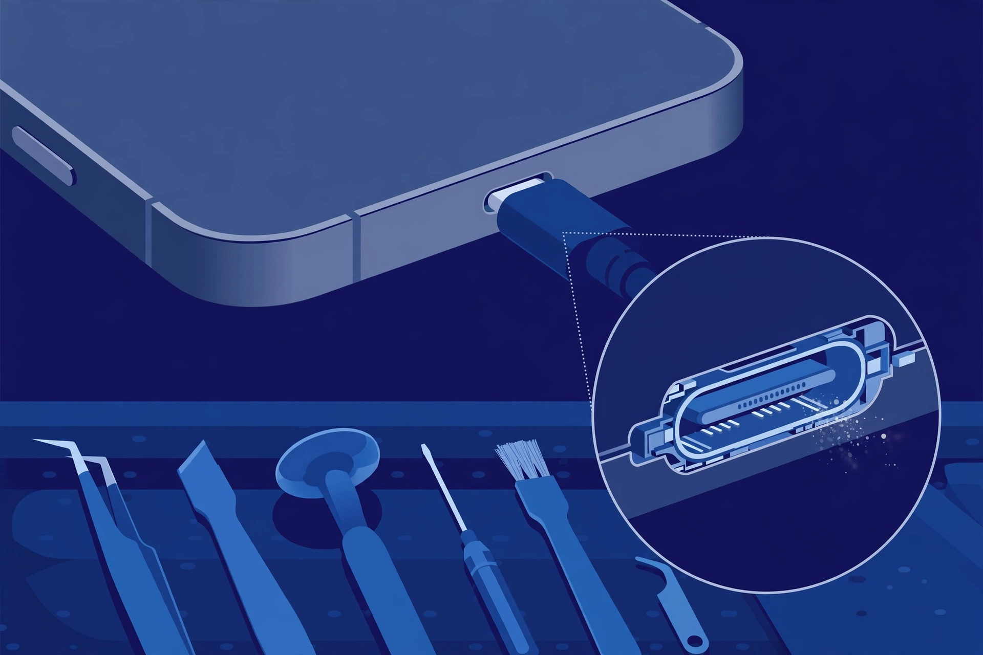 Original illustration of a smartphone's bottom edge with a USB-C cable plugged in, a magnified view inside the charging port, and blue repair tools on a workbench