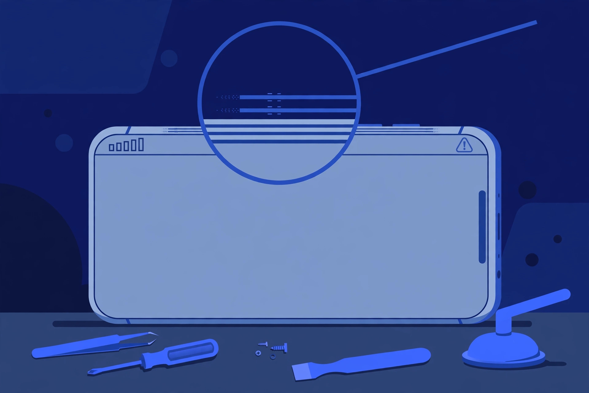 Original illustration of a large titanium smartphone showing empty signal bars with a small warning symbol, a magnifier over the phone's antenna lines, and blue repair tools on a workbench