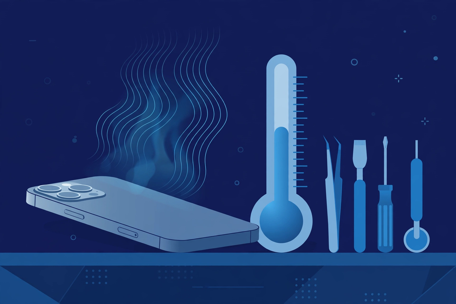 Original illustration of a large smartphone with gentle heat-wave lines rising from it beside a thermometer-style gauge and blue repair tools on a workbench