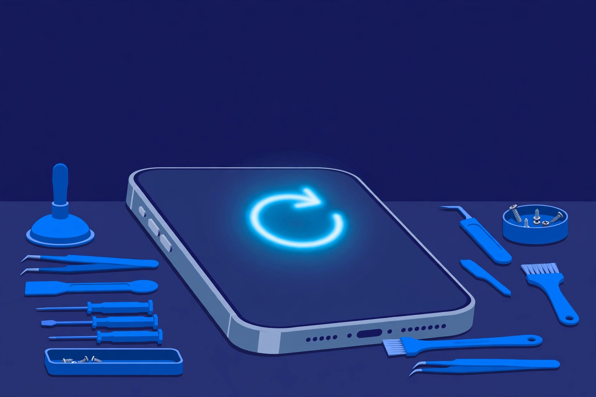 Original illustration of a premium titanium smartphone with a glowing circular restart arrow on its screen, with blue repair tools on a workbench
