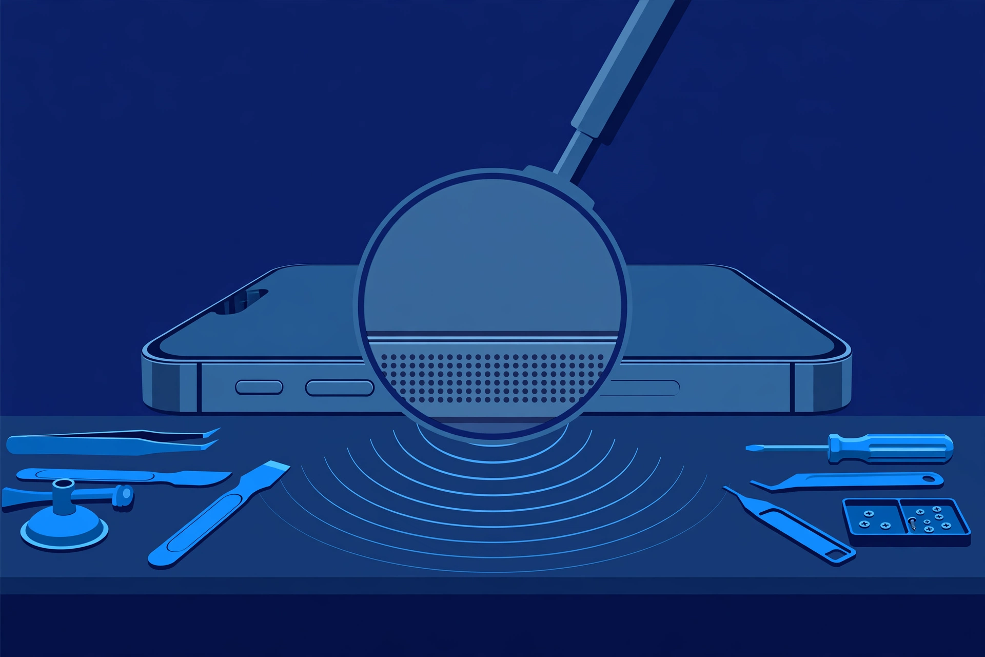 Original illustration of a smartphone with sound-wave lines coming from its bottom speaker grille, a magnifier over the grille, and blue repair tools on a workbench
