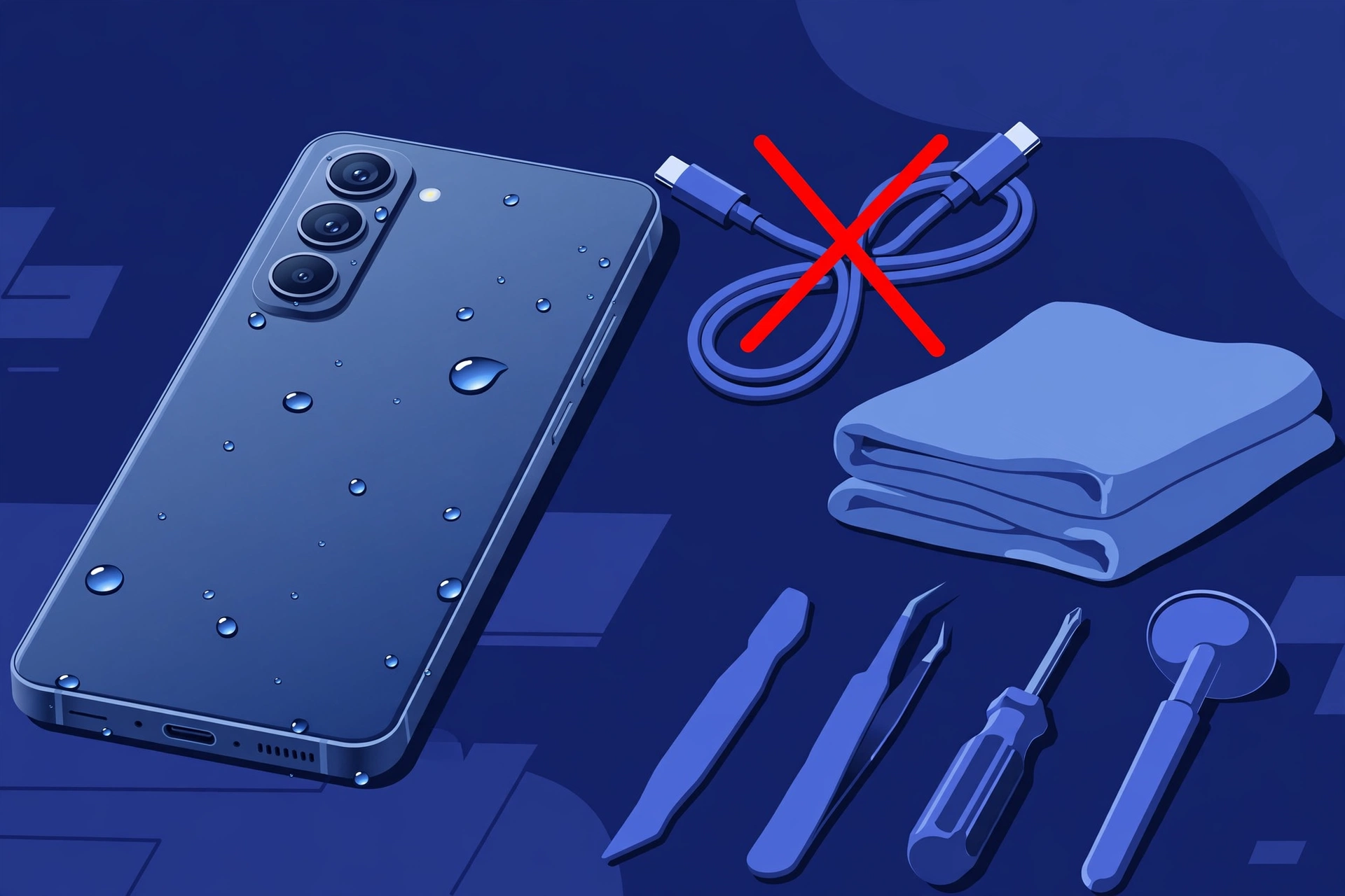 Original illustration of a large smartphone covered in water droplets beside a crossed-out charging cable, a folded drying cloth and blue repair tools on a workbench
