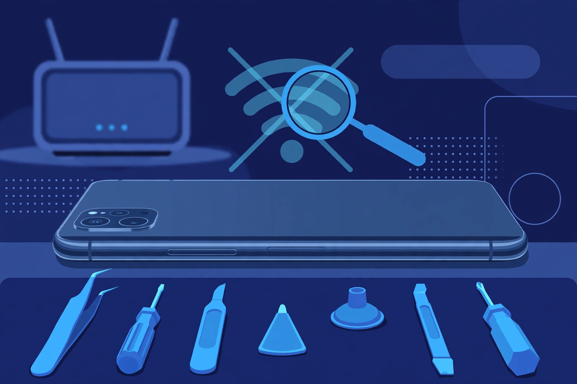 Original illustration of a premium titanium smartphone with a faint Wi-Fi signal icon crossed by a magnifier, a home router in the background, and blue repair tools on a workbench