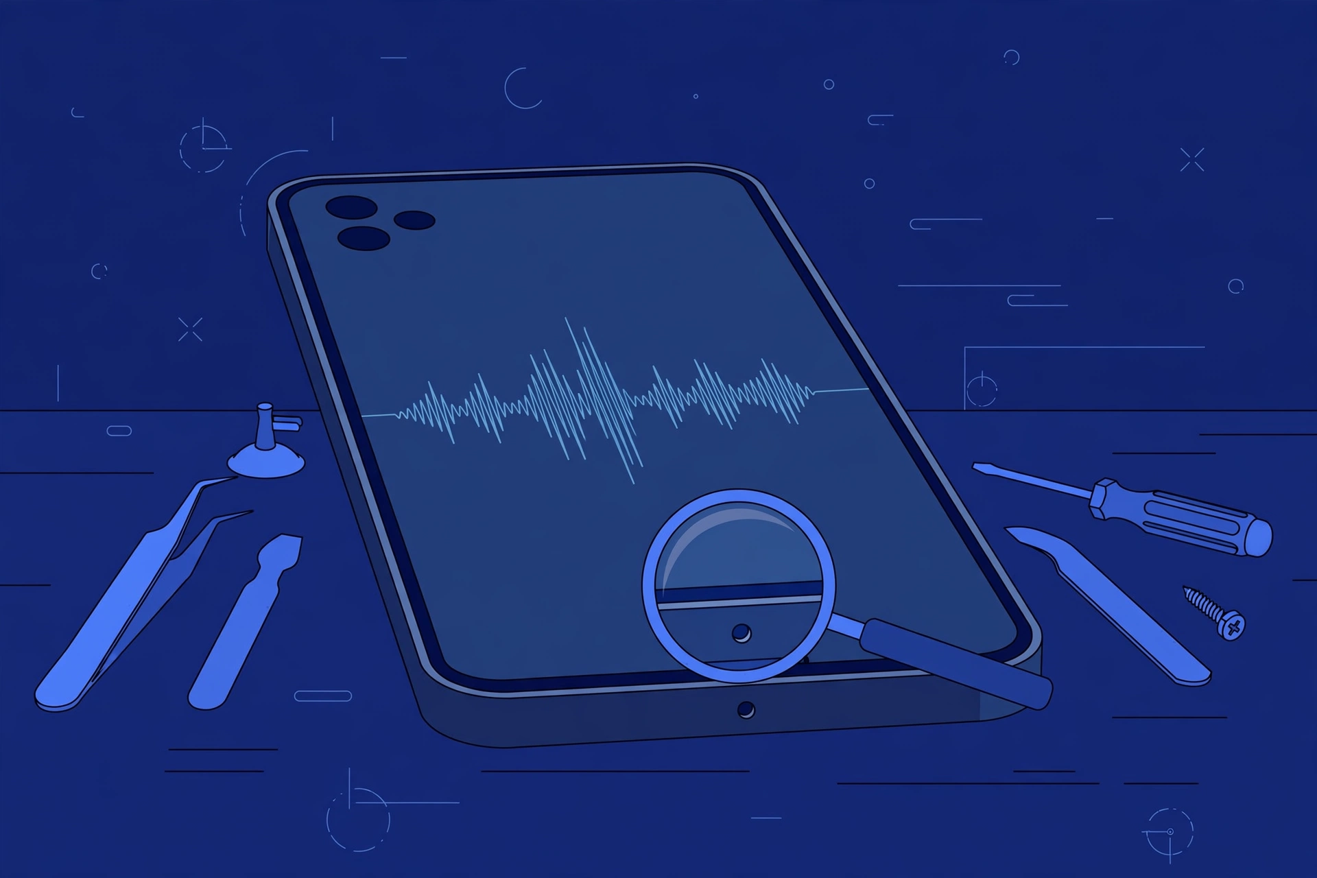 Original illustration of a premium titanium smartphone with a sound-wave recording line on its screen, a magnifier over a tiny microphone hole on the bottom edge, and blue repair tools on a workbench