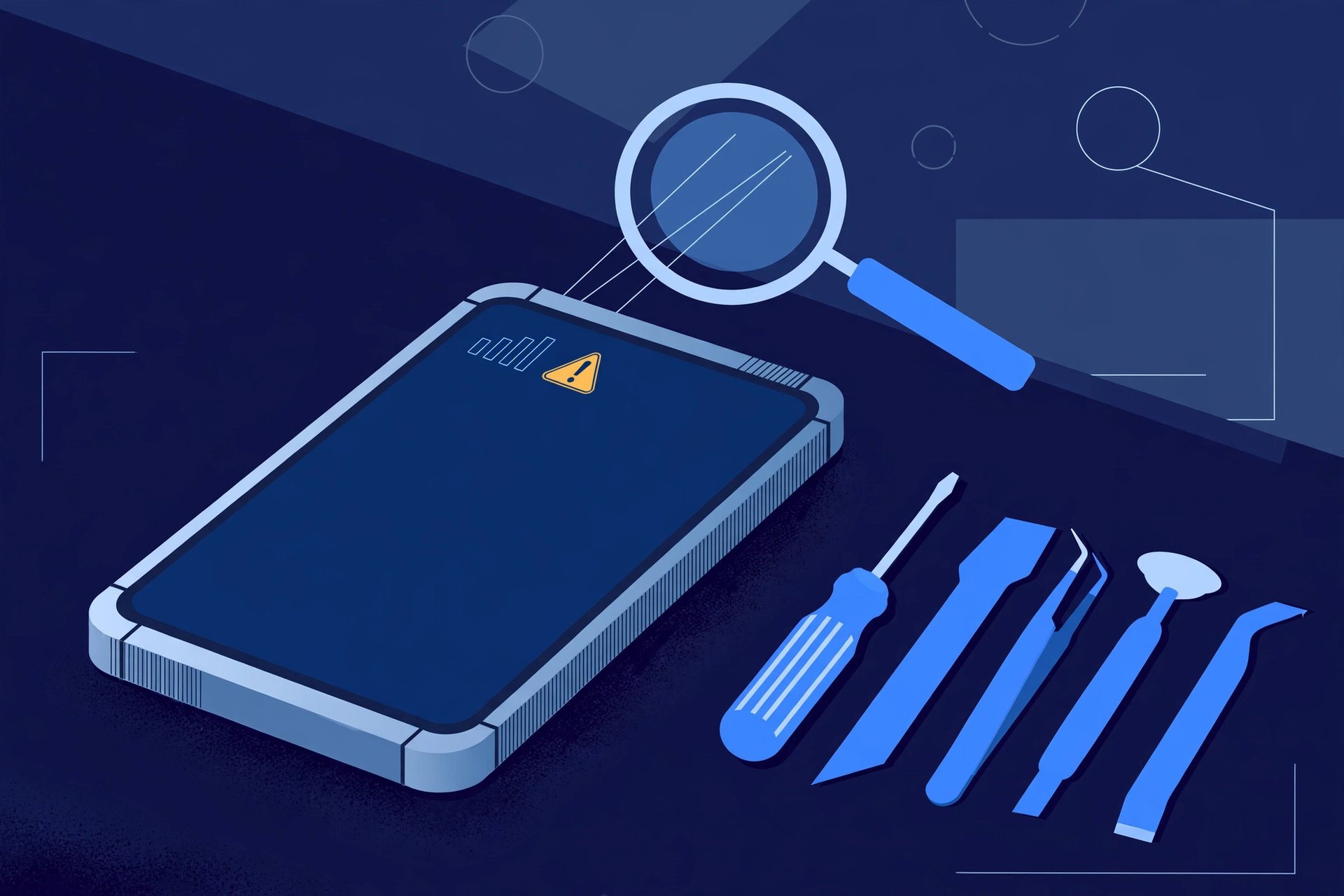 Original illustration of a titanium smartphone showing empty signal bars with a small warning symbol, a magnifier over the phone's antenna lines, and blue repair tools on a workbench