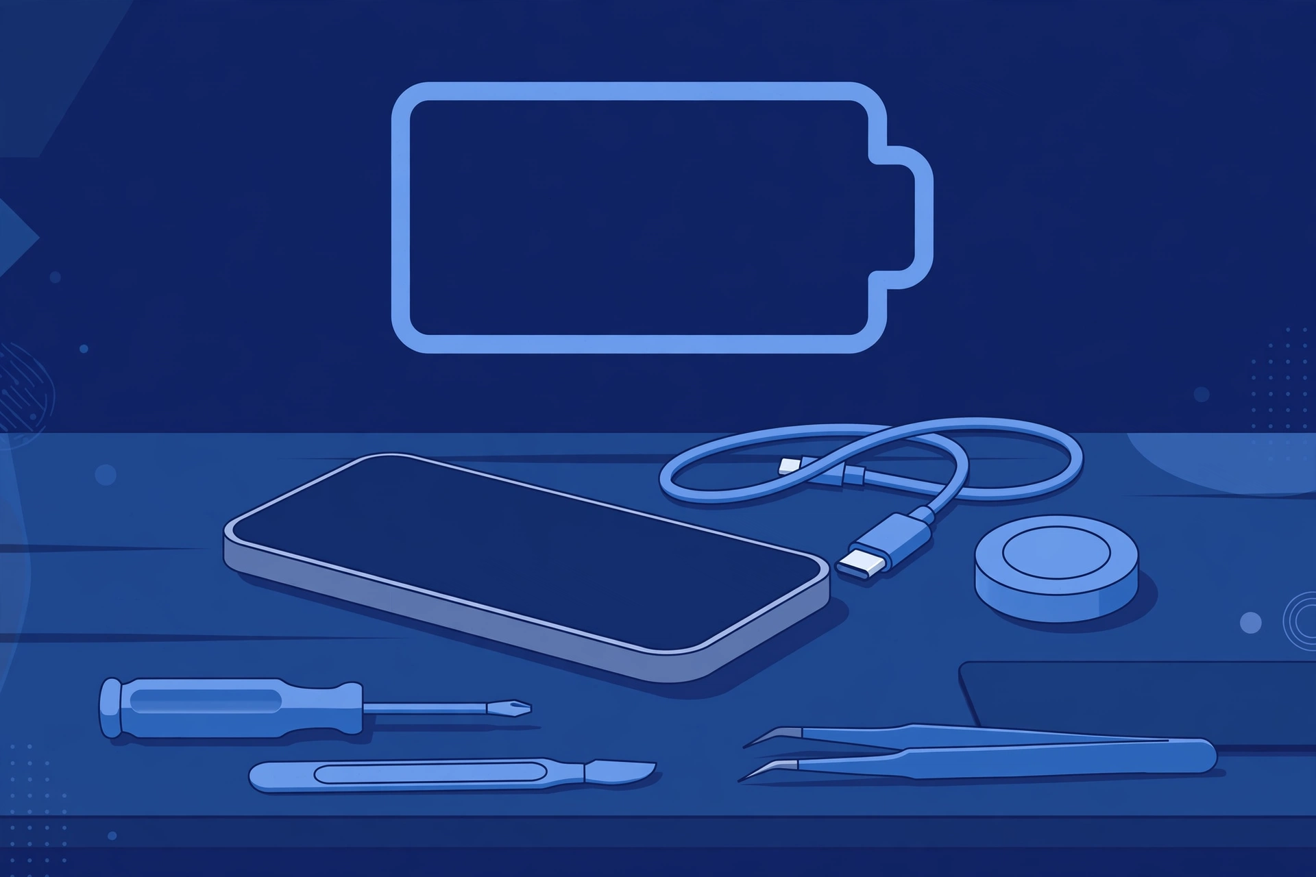 Original illustration of a titanium smartphone with a USB-C cable unplugged beside it, an empty battery outline, a wireless charging puck and blue repair tools on a workbench