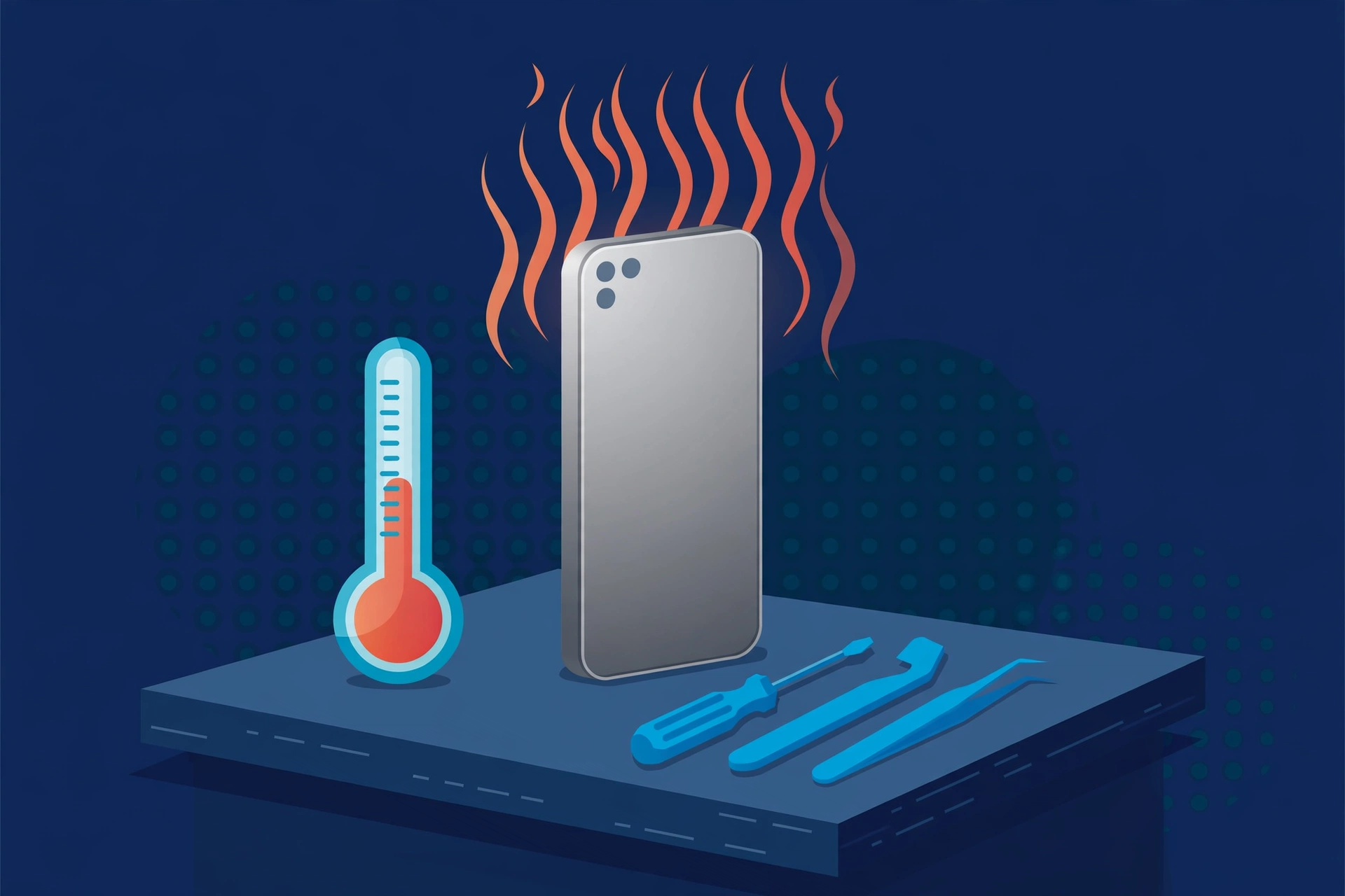Original illustration of a titanium smartphone with gentle heat-wave lines rising from it beside a thermometer-style gauge and blue repair tools on a workbench