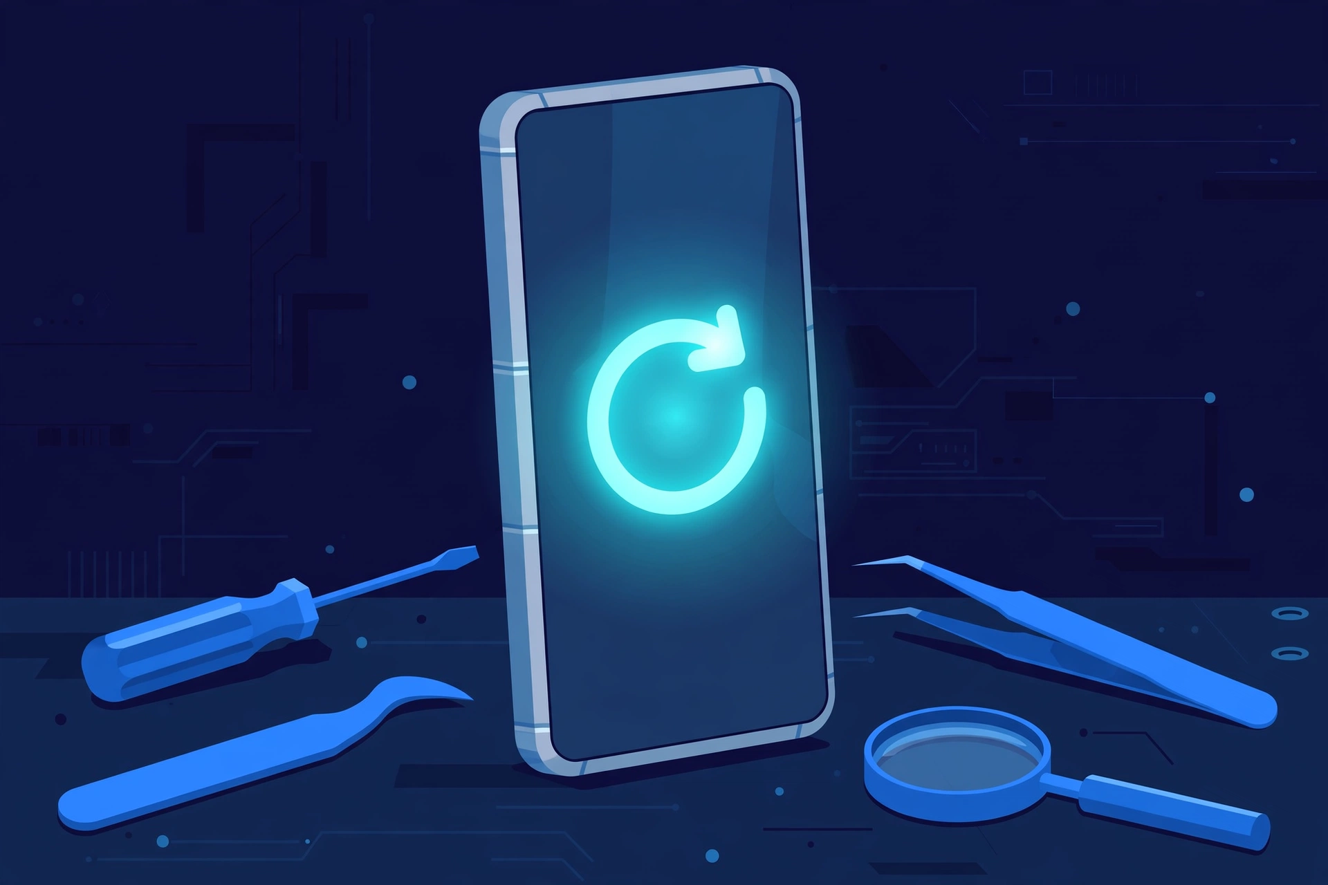 Original illustration of a premium titanium smartphone with a glowing circular restart arrow on its screen, with blue repair tools and a magnifier on a workbench
